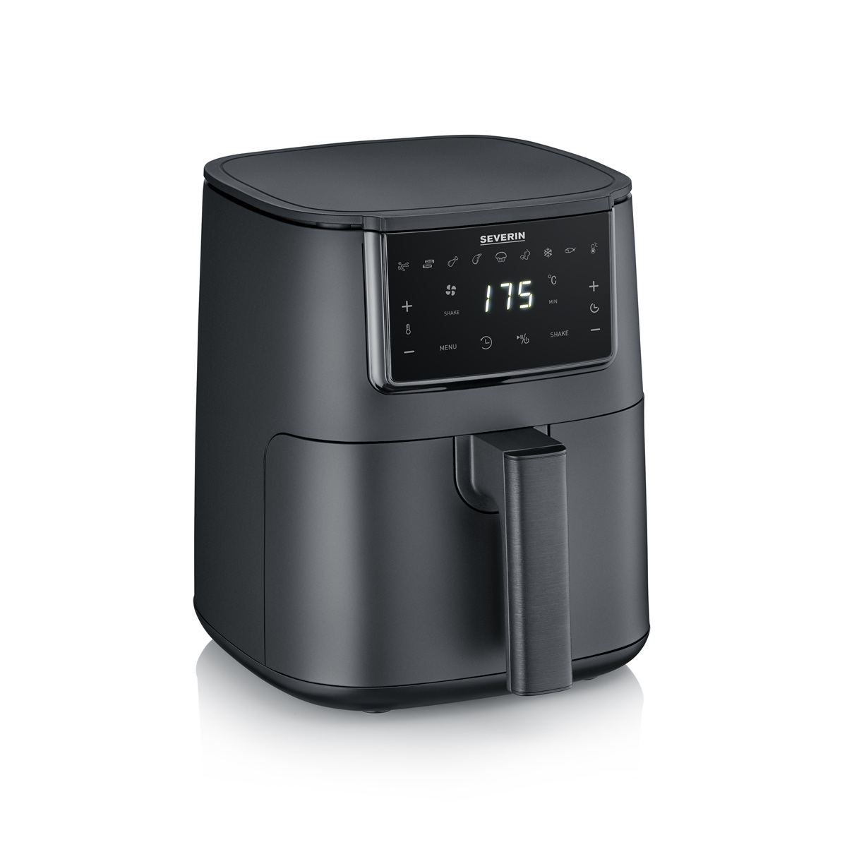 Zwarte airfryer met digitale display met 175. Zilveren handgreep. Vierkante vorm.