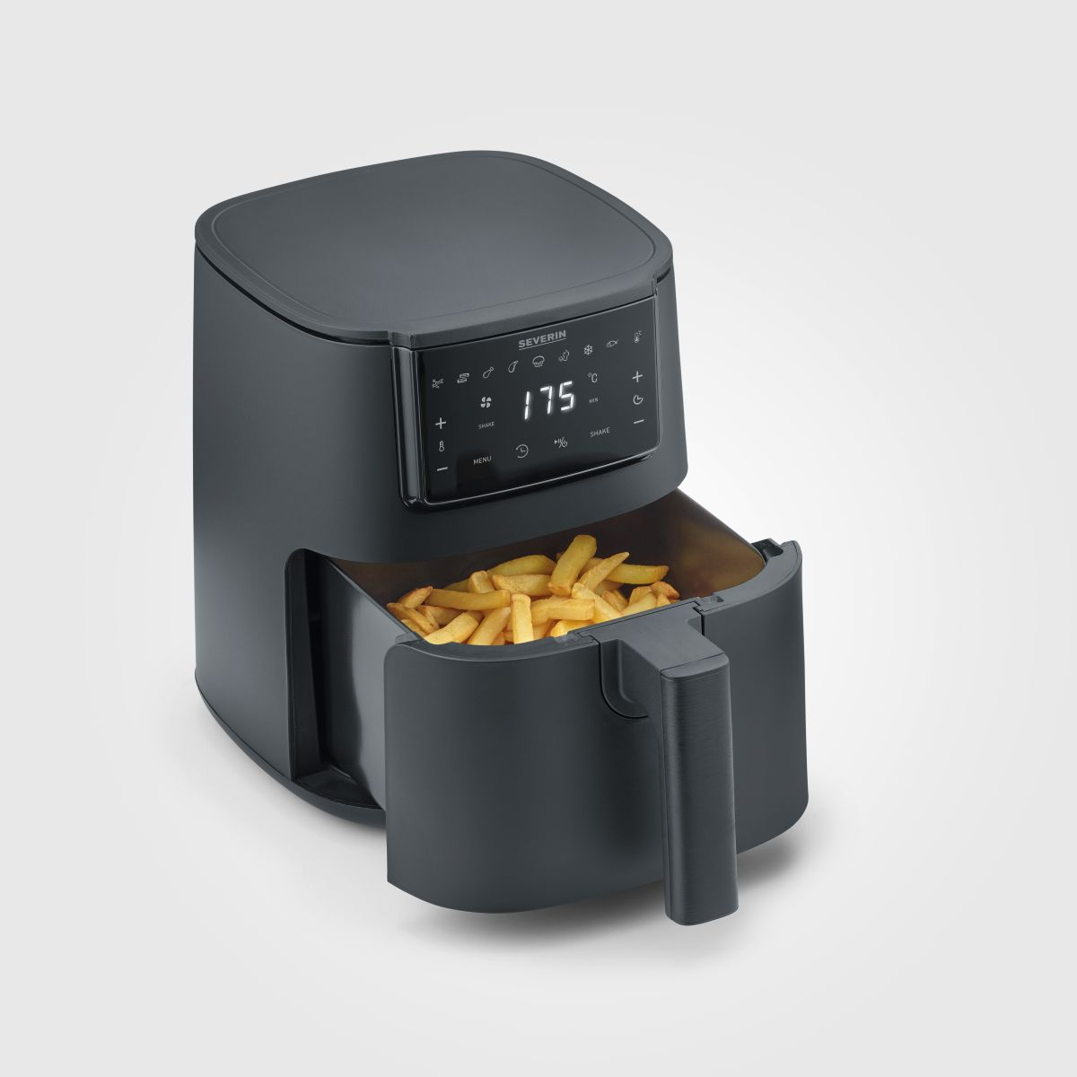 Een donkergrijze airfryer met een mandje friet. Het display toont 175 graden.