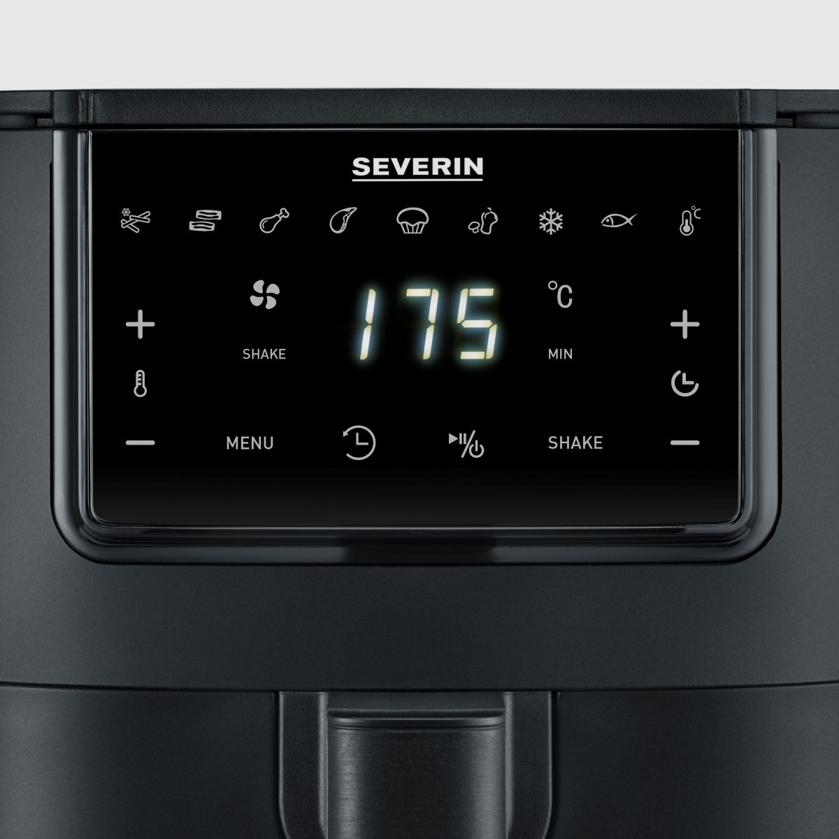 Zwart bedieningspaneel van de airfryer met een display met 175 graden Celsius.