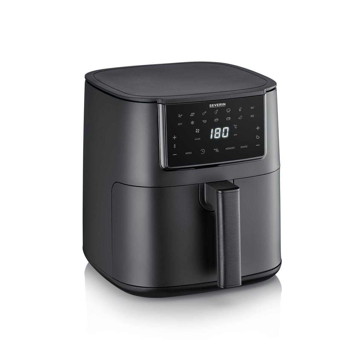 Zwarte airfryer met digitaal display van 180 graden. Handvat aan de rechterkant.