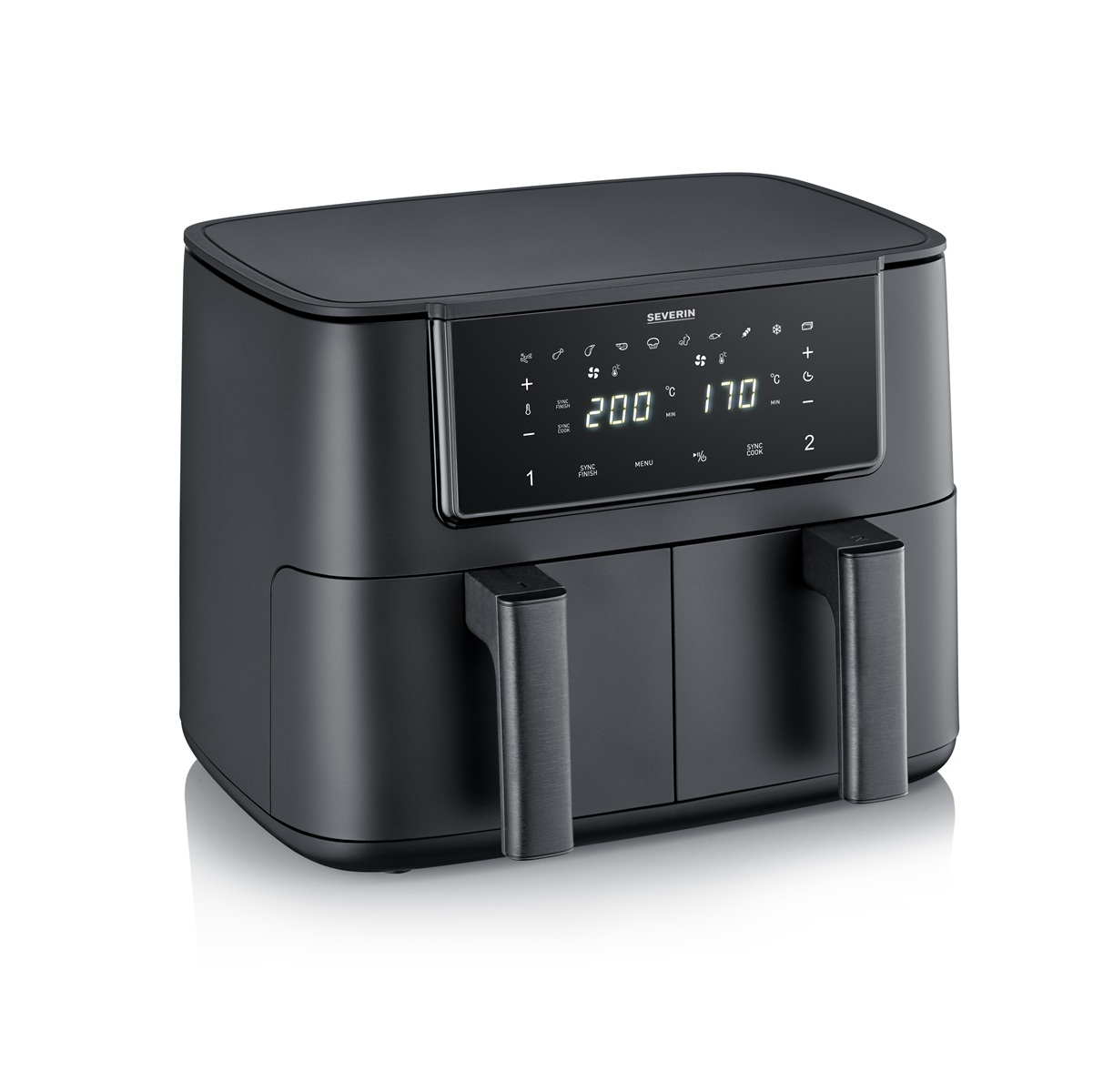 Czarna frytownica powietrzna z podwójnymi komorami i wyświetlaczem cyfrowym. Białe tło.