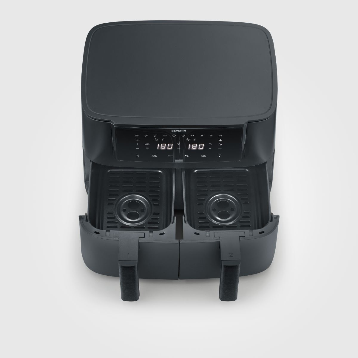 Widok z góry na ciemnoszarą frytownicę powietrzną z podwójnym koszem. Wyświetla ustawienia i elementy sterowania.