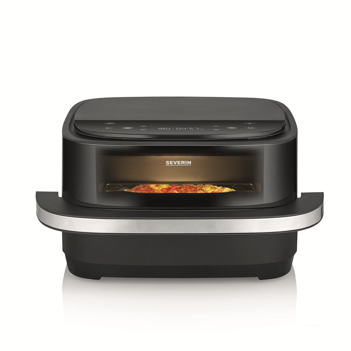 Forno nero con pizza all'interno. Base nera, sfondo bianco.