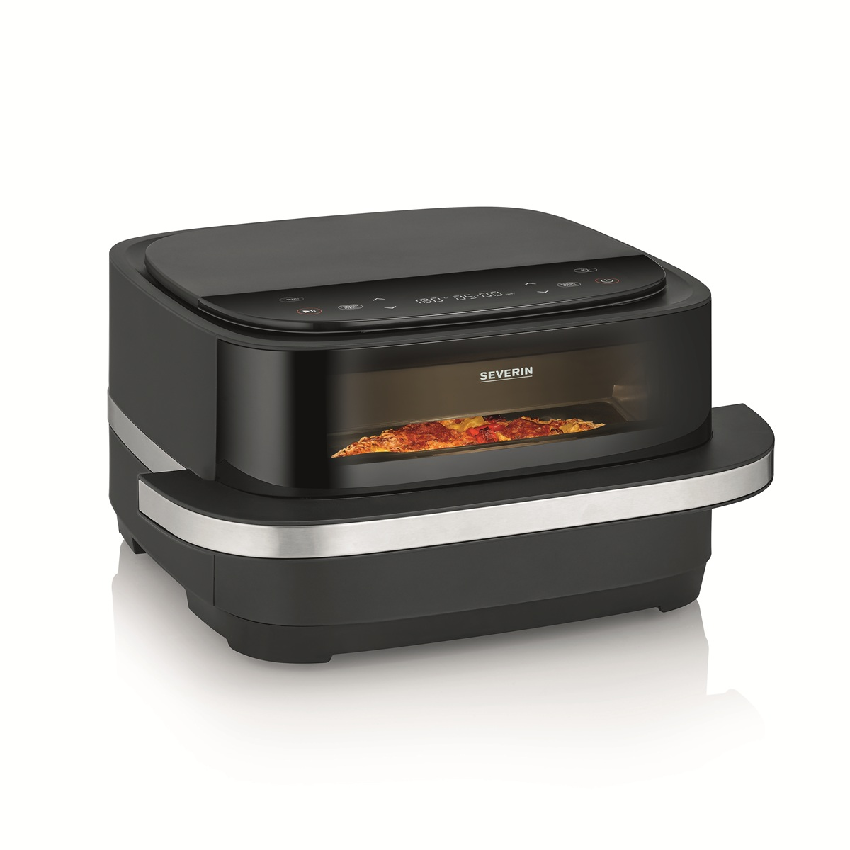 Un forno da banco Severin nero con porta a vetri, e dentro una pizza.