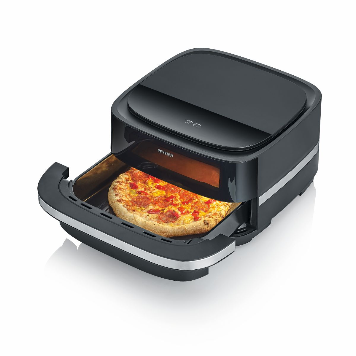 Friggitrice ad aria nera con una pizza all'interno. La pizza è visibile attraverso la porta aperta.