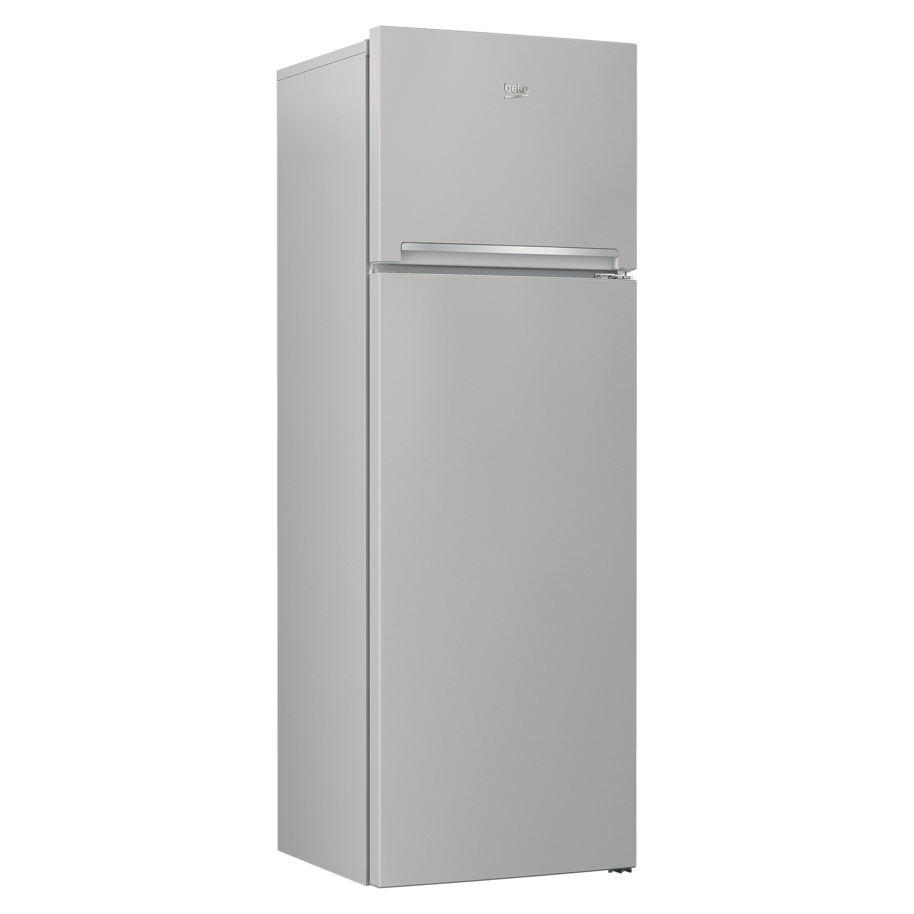 Srebrna lodówka Beko, wysoka z dwoma drzwiami. Tło jest gładkie białe.