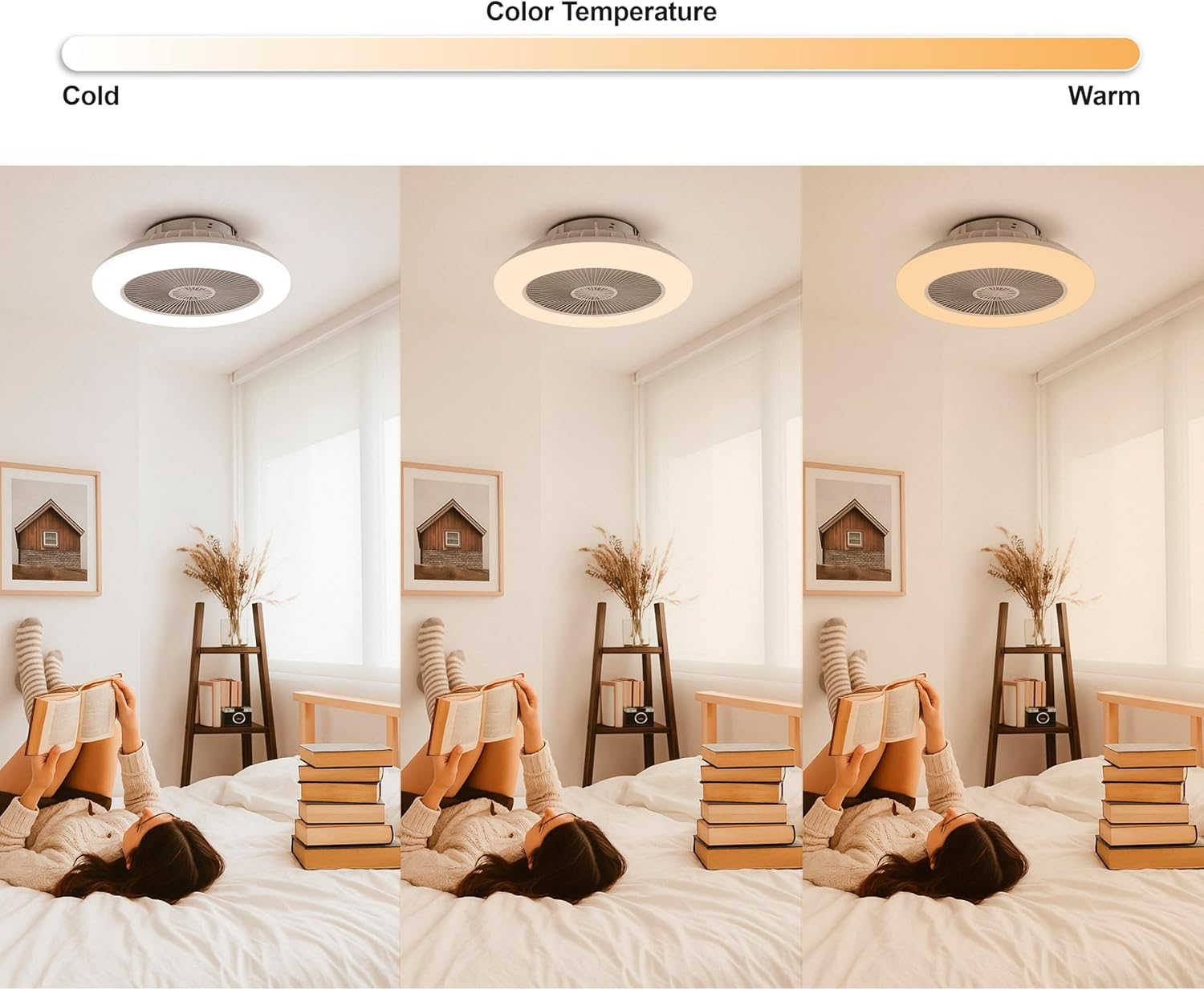 Tres imágenes de un ventilador de techo con diferentes temperaturas de color.