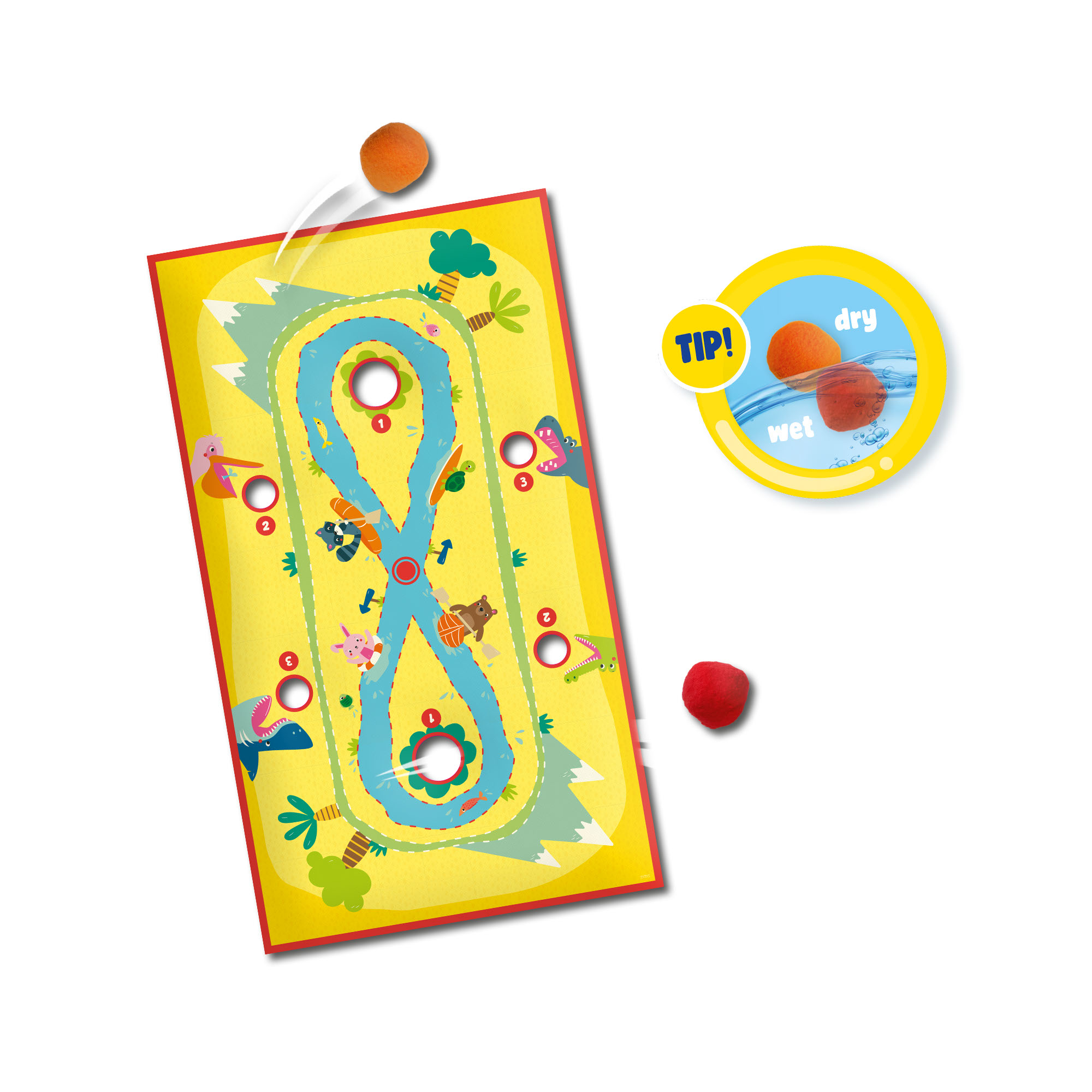 Gioco per bambini. Tavola gialla con un fiume blu sinuoso e illustrazioni di animali dei cartoni animati.