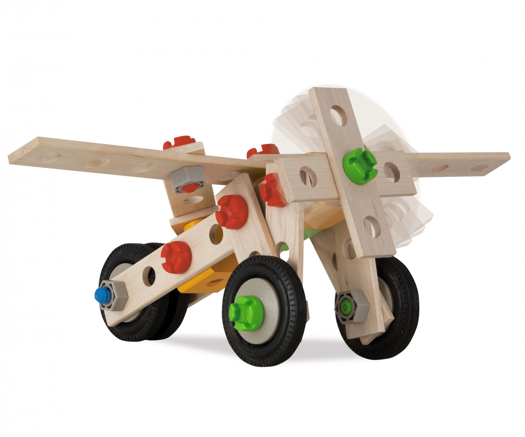 Holzspielzeugflugzeug mit mehreren Holzteilen und roten und grünen Steckern. Schwarze Räder.