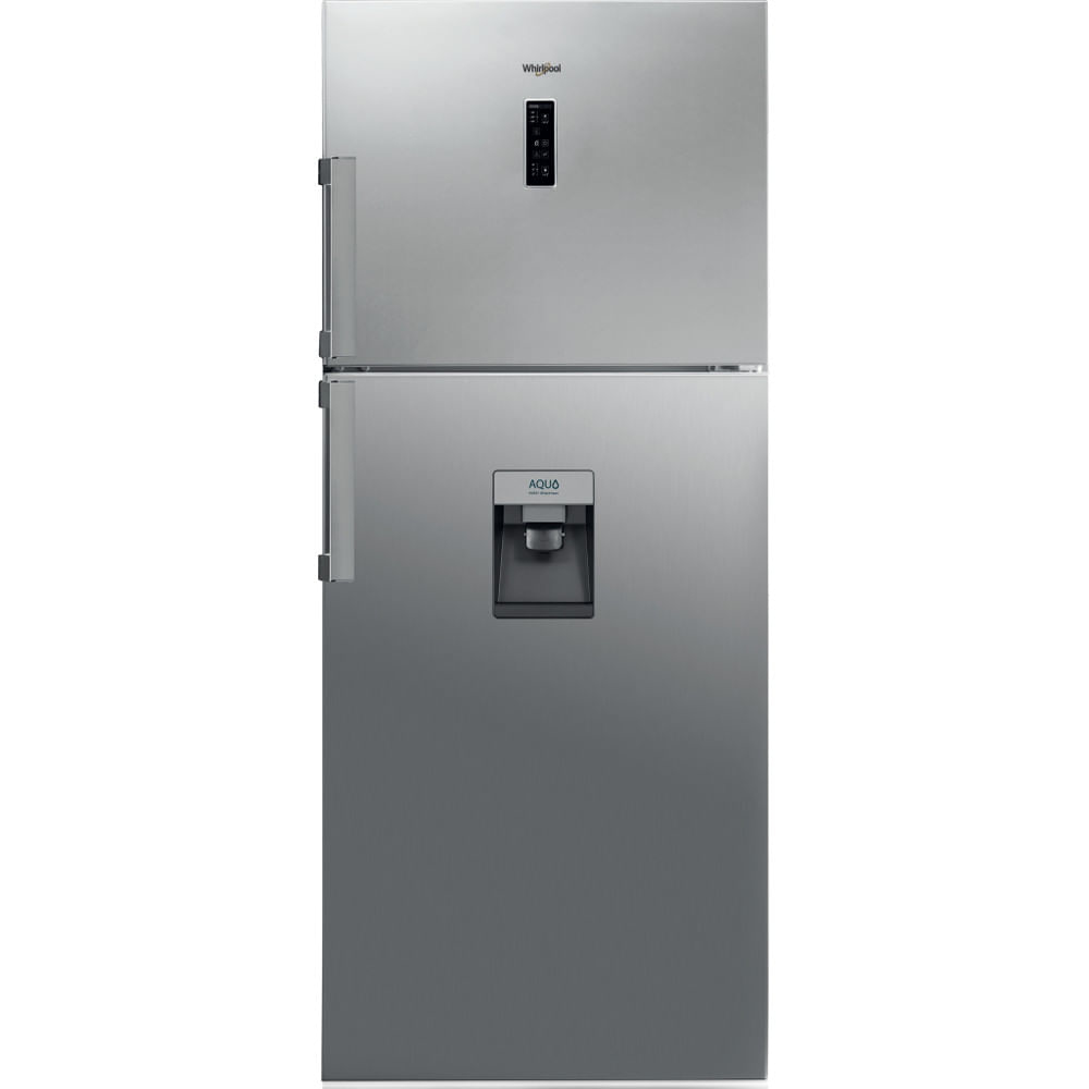 Un frigorifero Whirlpool argentato con display digitale e dispenser d'acqua.