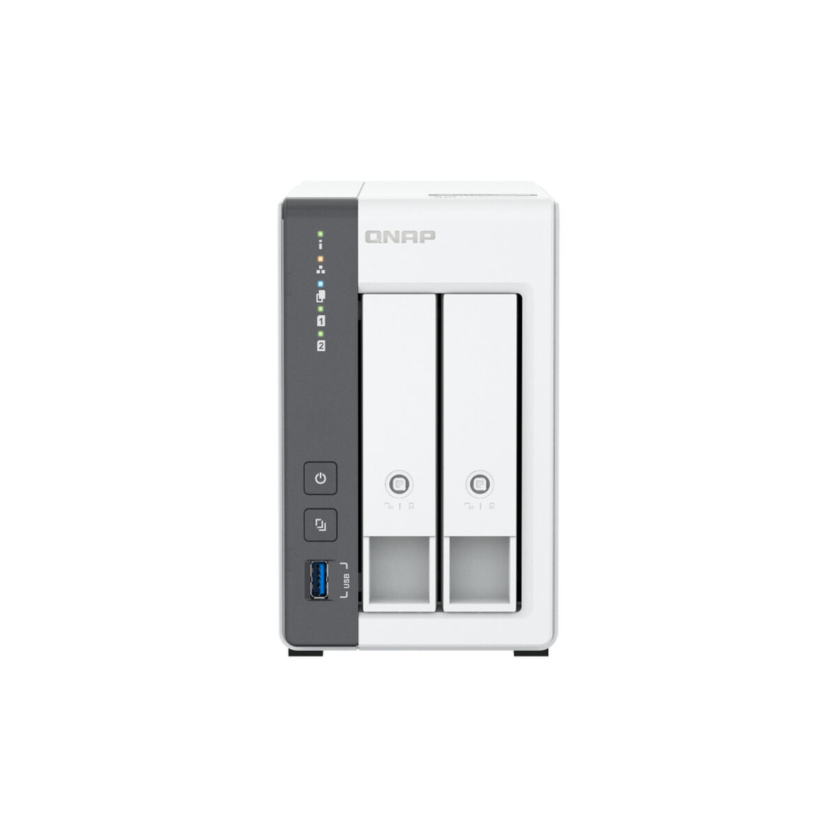 Un dispositivo NAS QNAP blanco y gris con dos bahías de unidad e indicadores luminosos en el frente.