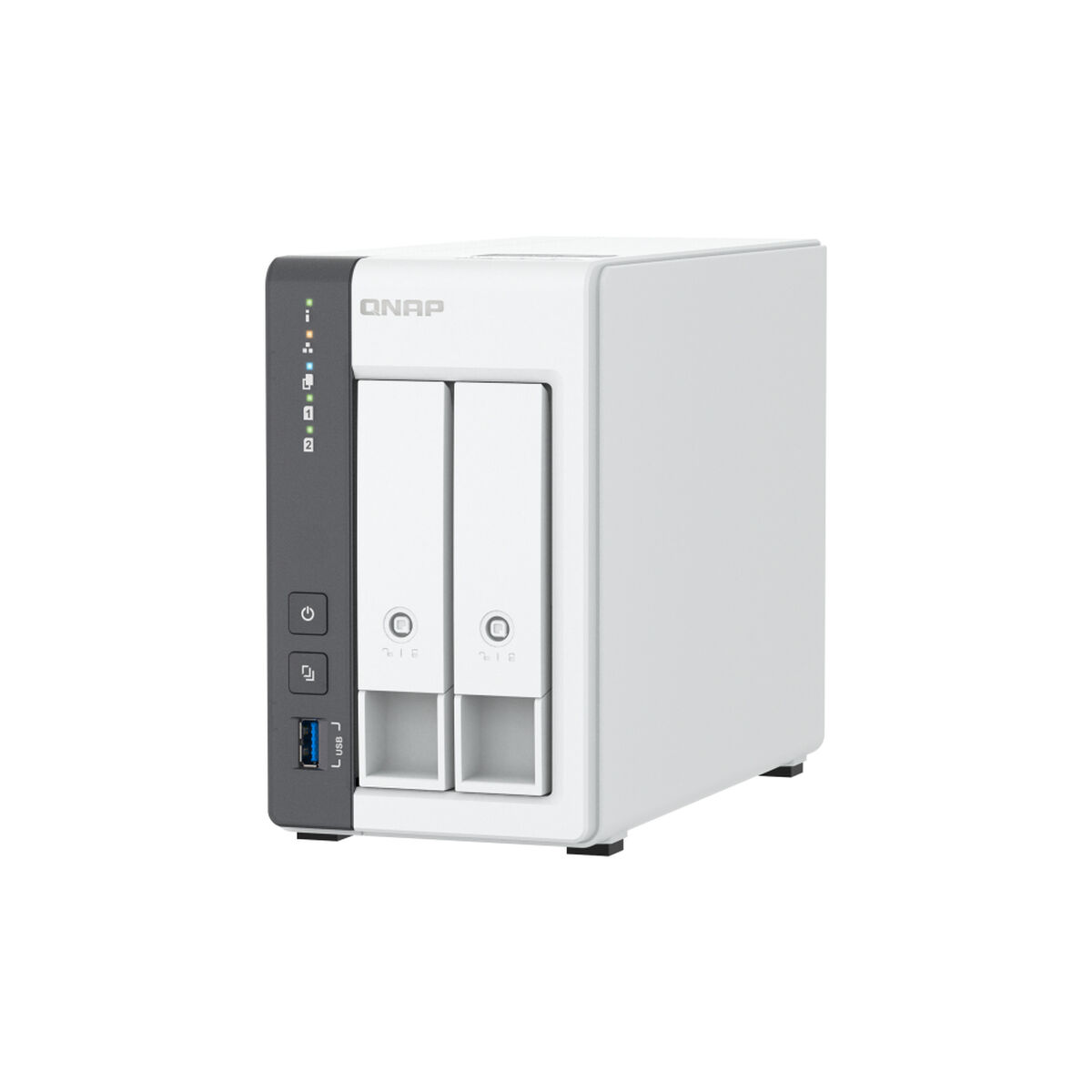 Un dispositivo NAS QNAP blanco y gris con dos ranuras para unidades y un puerto USB.