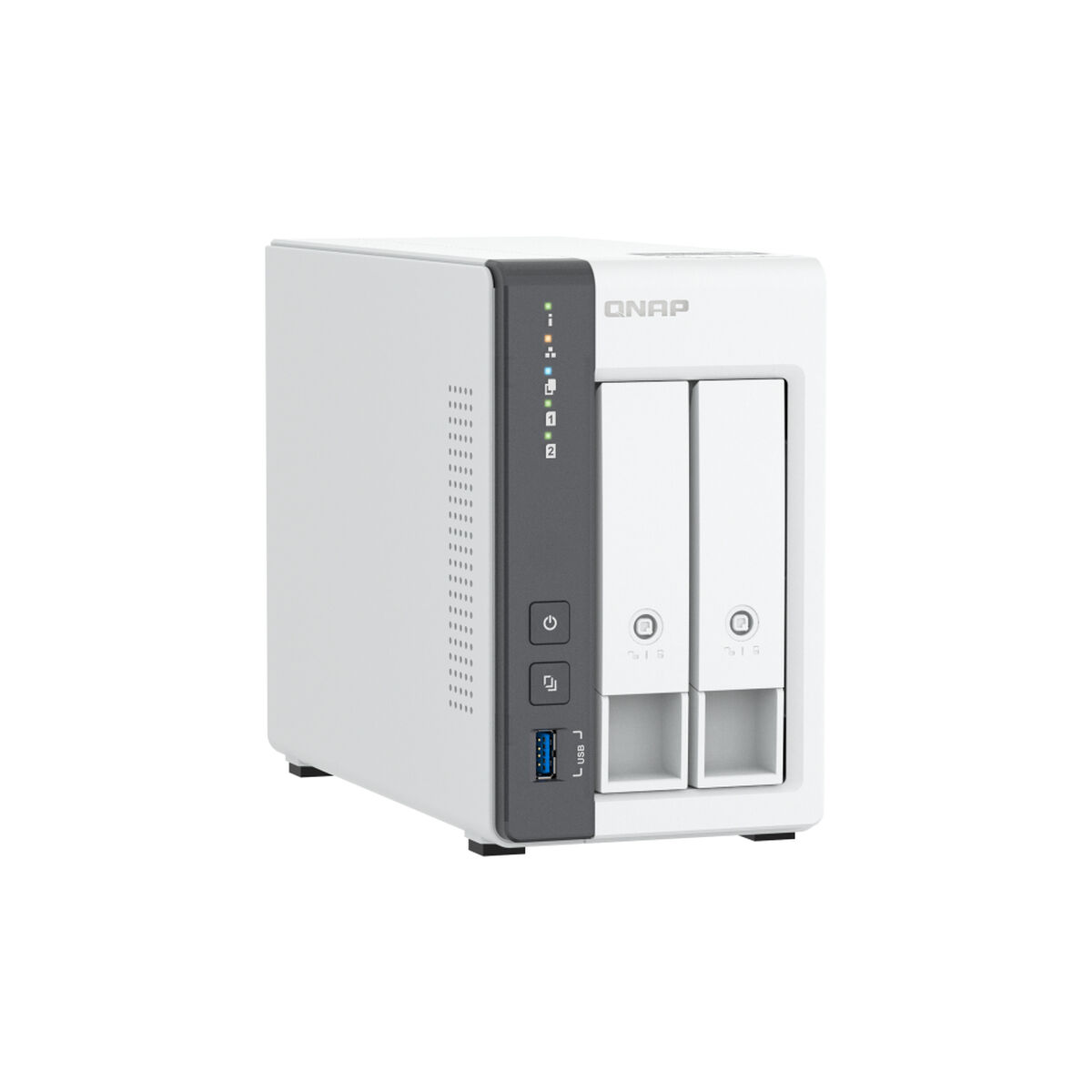 Servidor NAS QNAP blanco con puertos en el panel frontal. Dos bahías de disco. Puertos de alimentación y USB visibles.