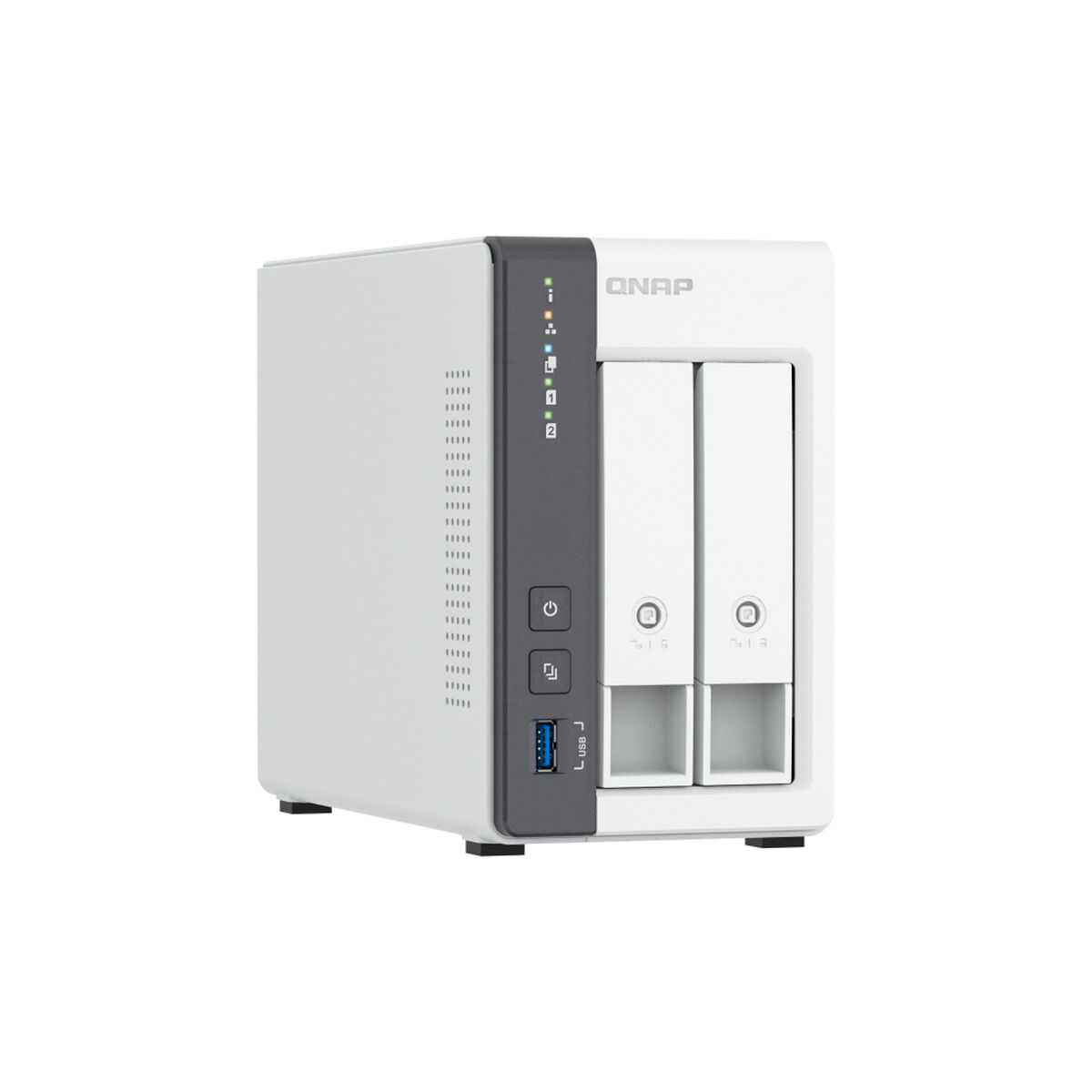 Un dispositivo NAS QNAP blanco con un panel frontal gris y dos bahías de unidad.