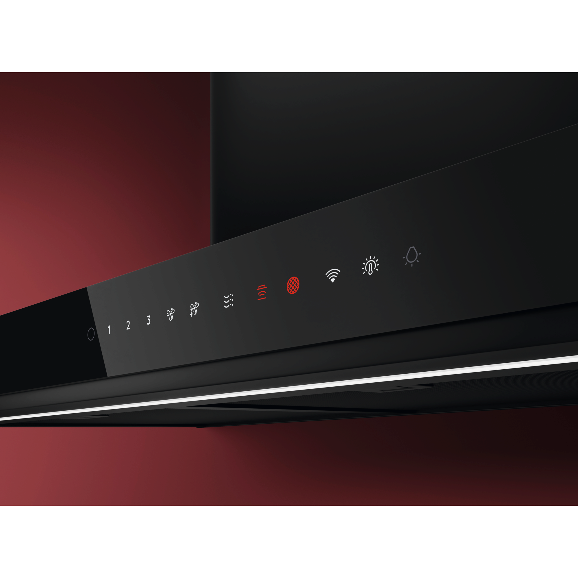 Campana extractora negra con panel de control, fondo rojo. Botones con iconos para ventilador, luces y wifi.