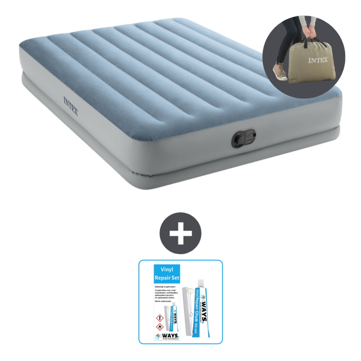 Un matelas pneumatique bleu et gris avec un sac portable et un kit de réparation vinyle.