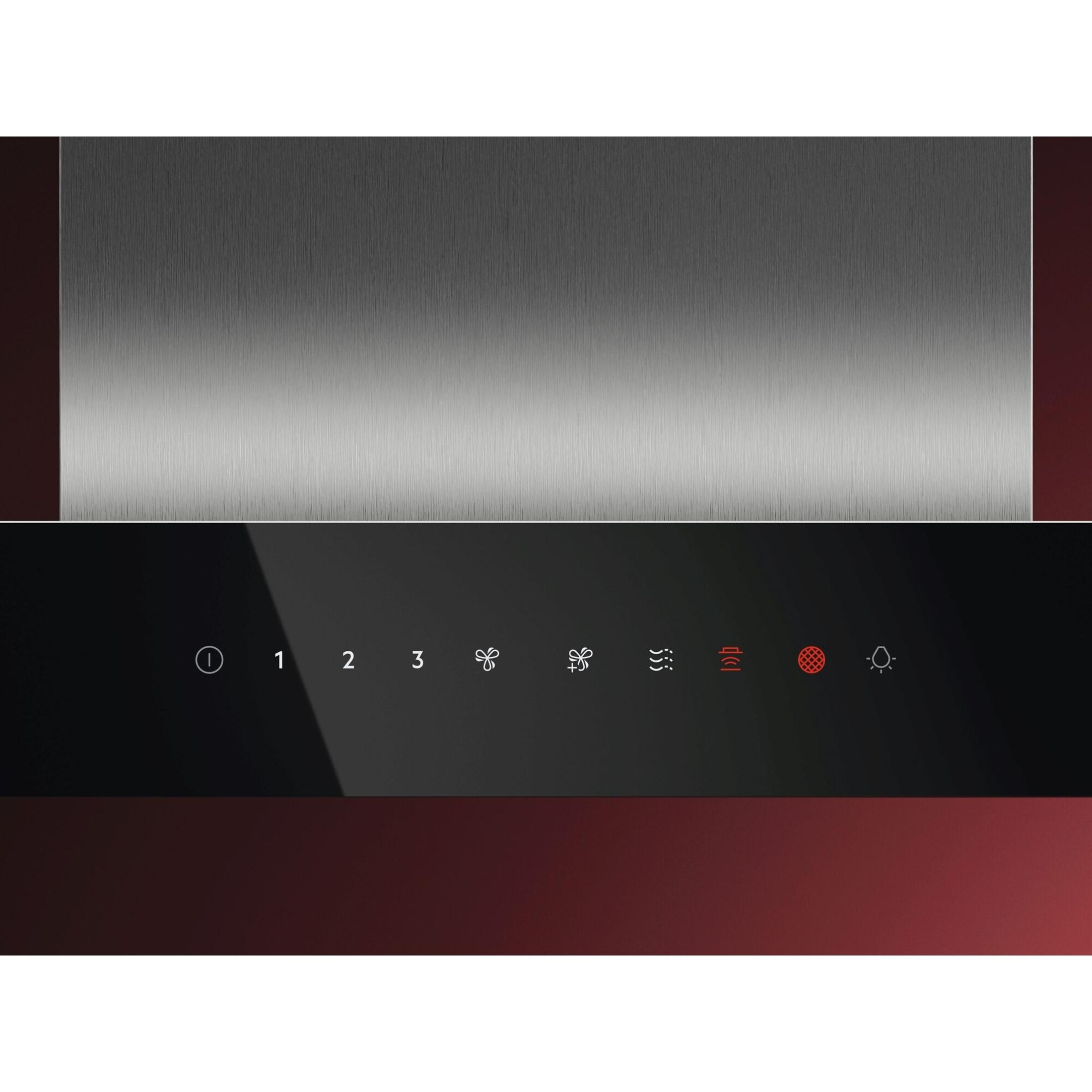 Un elegante pannello di controllo della cappa nero e rosso con pulsanti e icone touch.