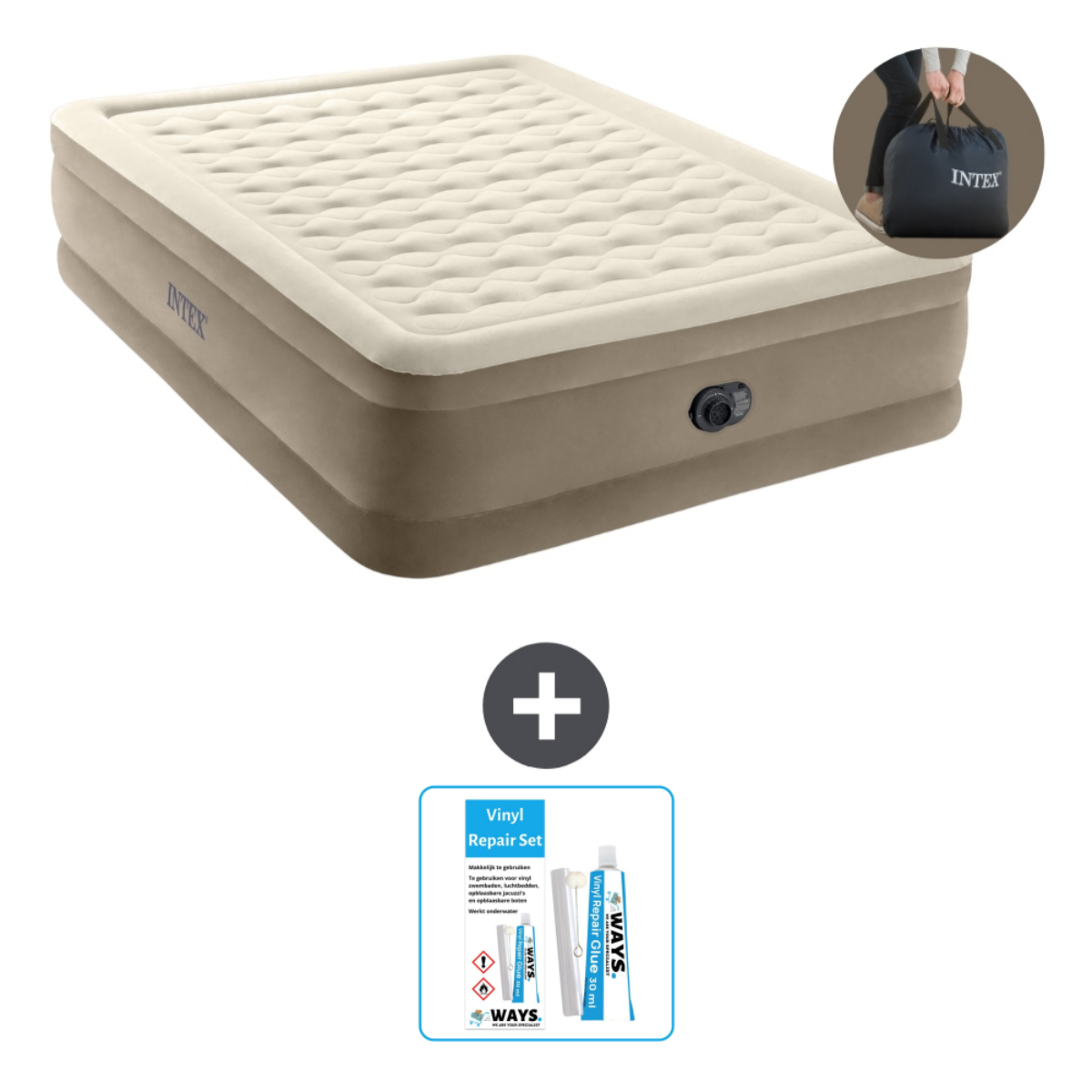 Matelas pneumatique avec kit de réparation, plus sac de transport. Fond blanc.