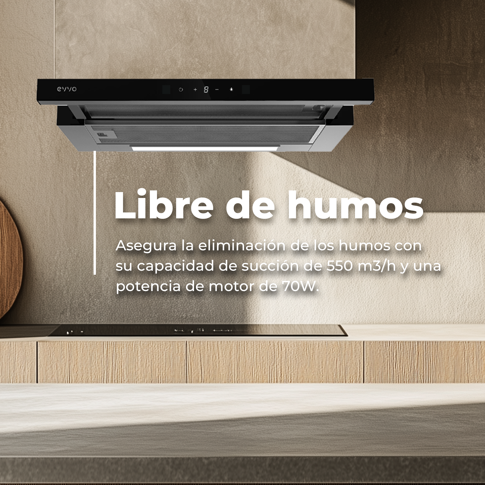 Campana extractora de cocina moderna, negra con texto, vista interior.