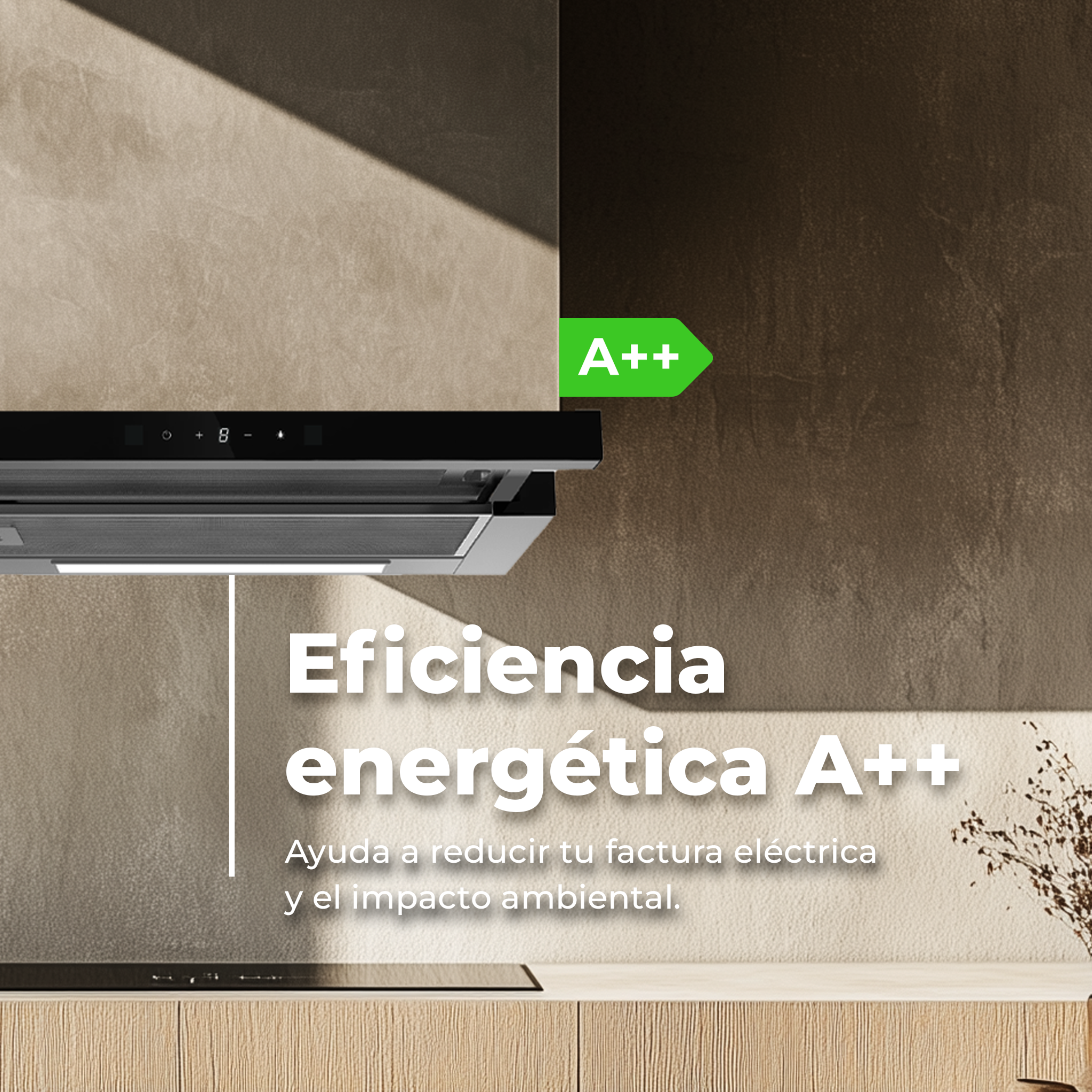 Campana extractora moderna con etiqueta de eficiencia energética A++. Fondo beige y marrón.