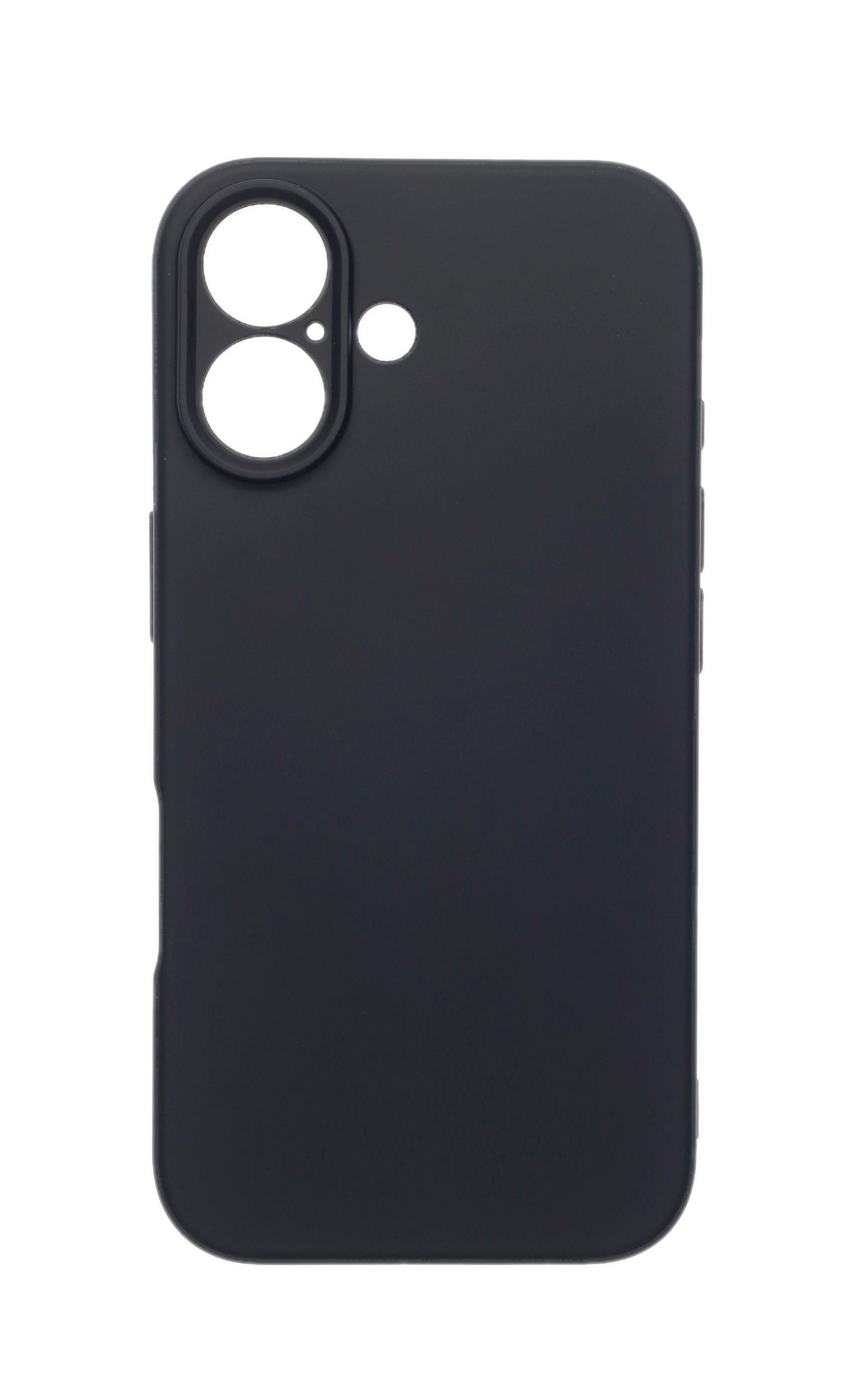Schwarze Handyhülle mit zwei Kameraausschnitten, glatter Oberfläche und schlichtem Design.