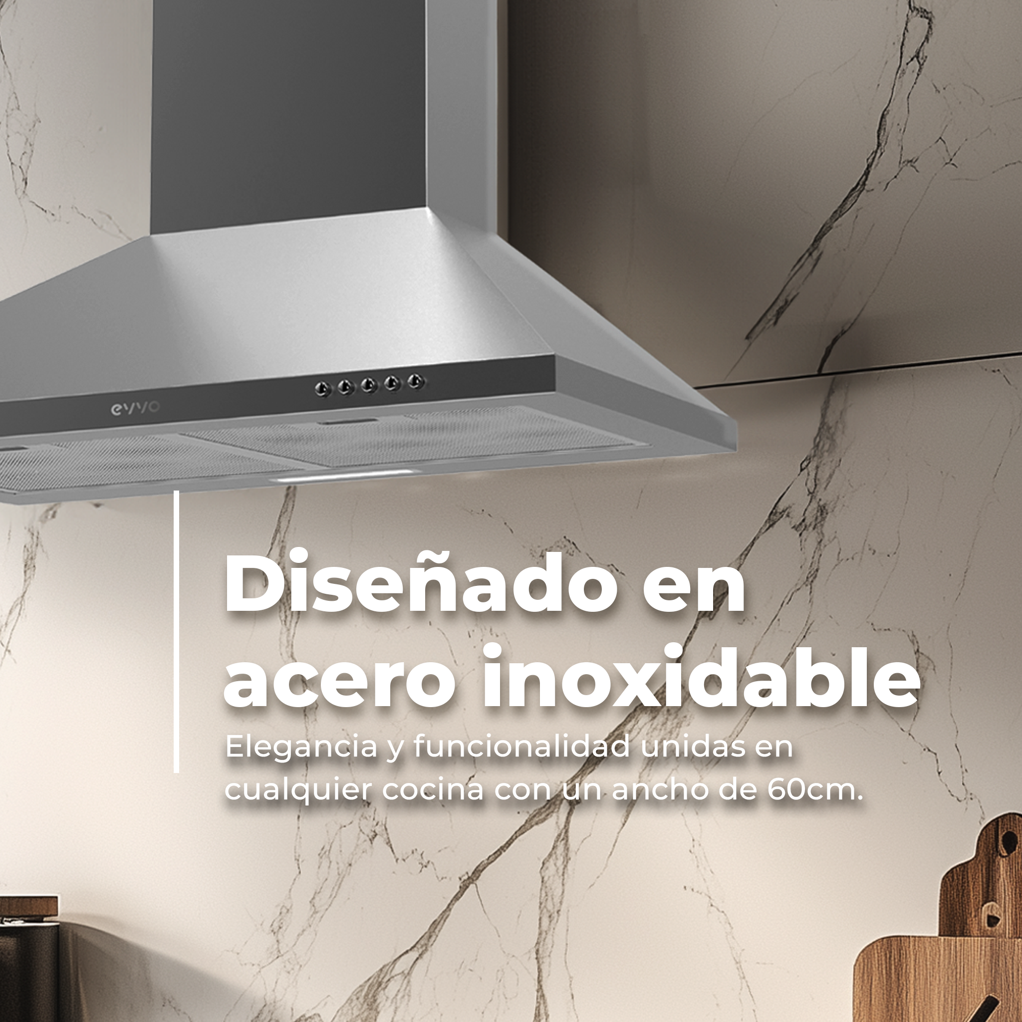 Campana extractora de acero inoxidable con texto en español y tabla de cortar de madera.