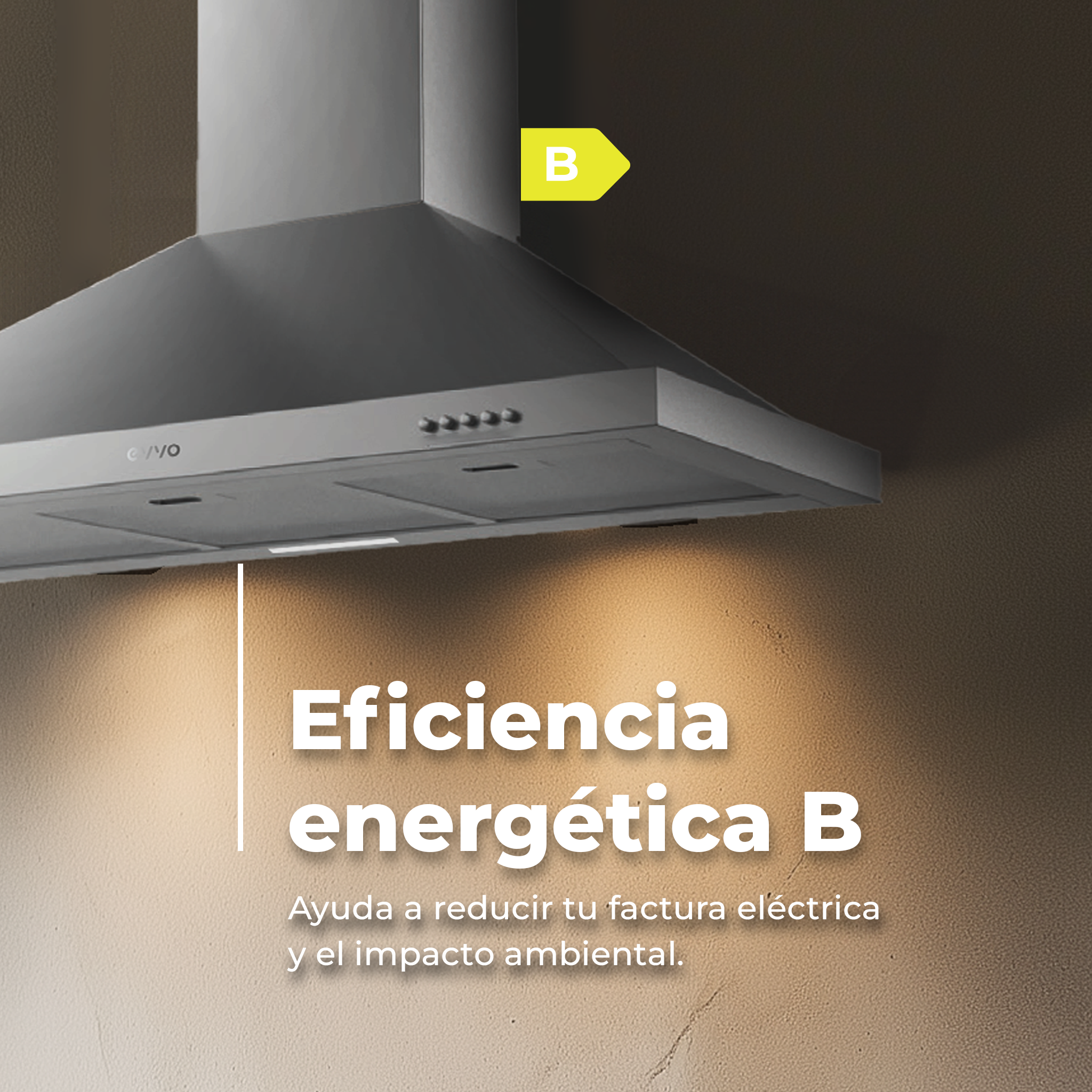 Cappa in acciaio inox con etichetta di efficienza energetica.