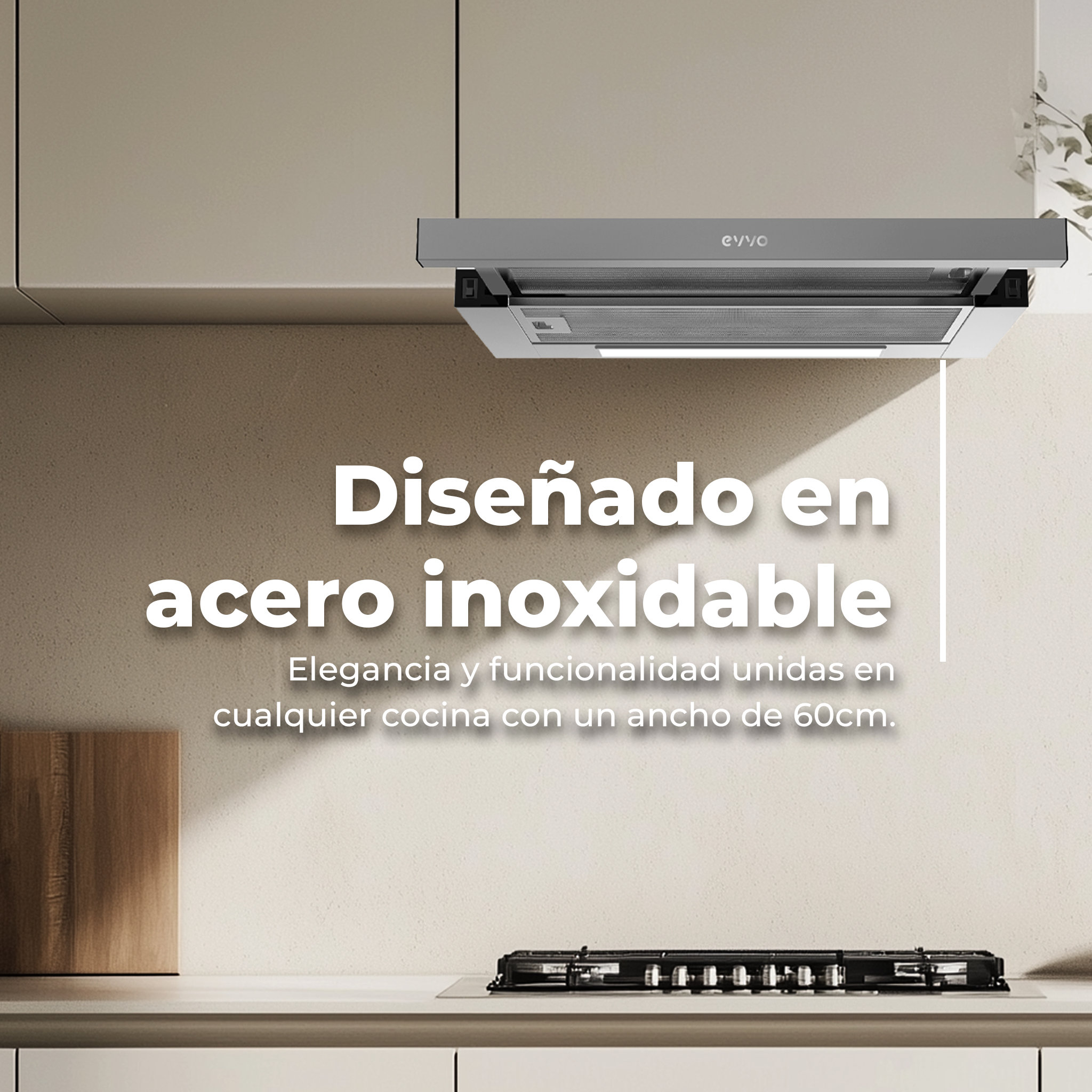 Una campana de cocina de acero inoxidable sobre una estufa, con texto en español.