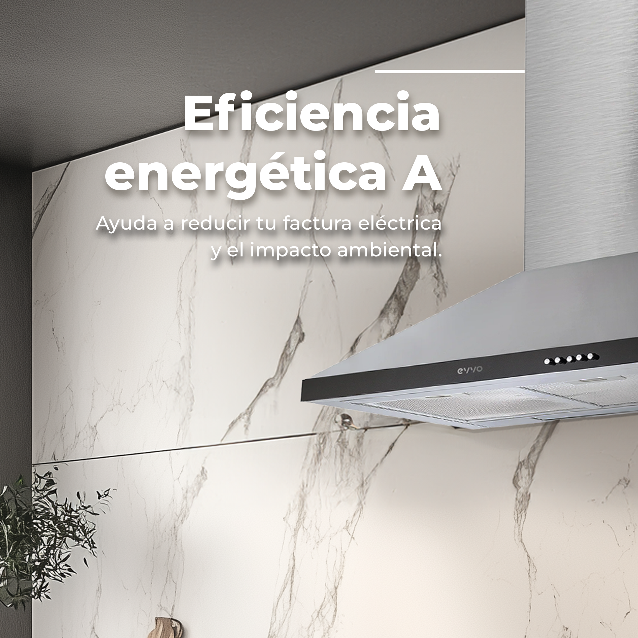 Una campana extractora de cocina blanca con patrón de mármol con texto que promueve la eficiencia energética.