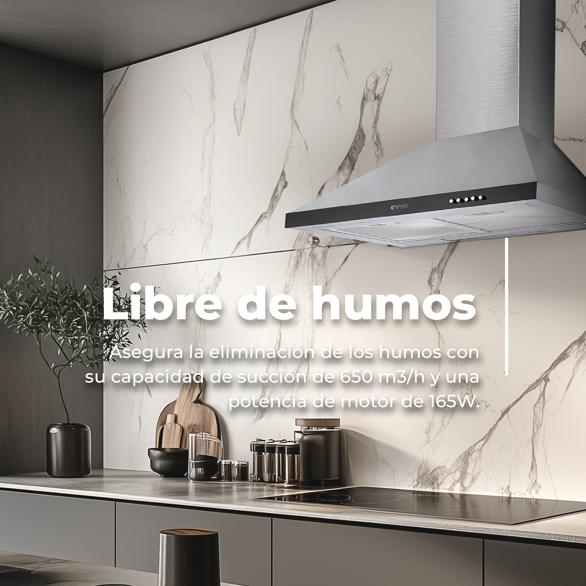 Una campana de cocina de acero inoxidable sobre una encimera. El texto dice: 'Libre de humos'.