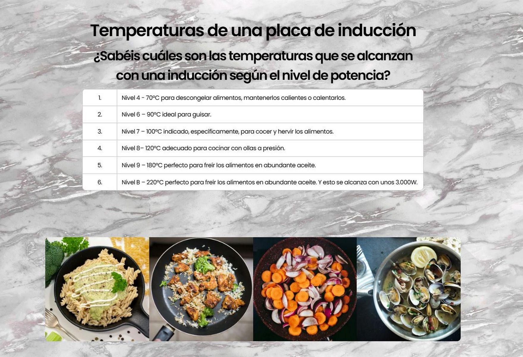 Una imagen con texto sobre las temperaturas de la placa de inducción y ejemplos de cocina.