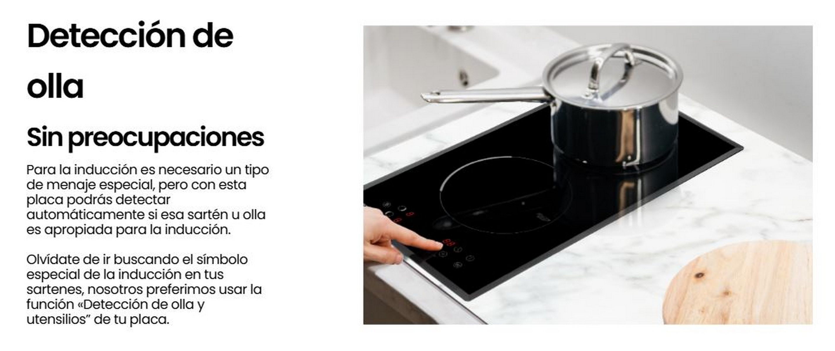 Placa de inducción negra con una olla plateada. Texto en español a la izquierda.