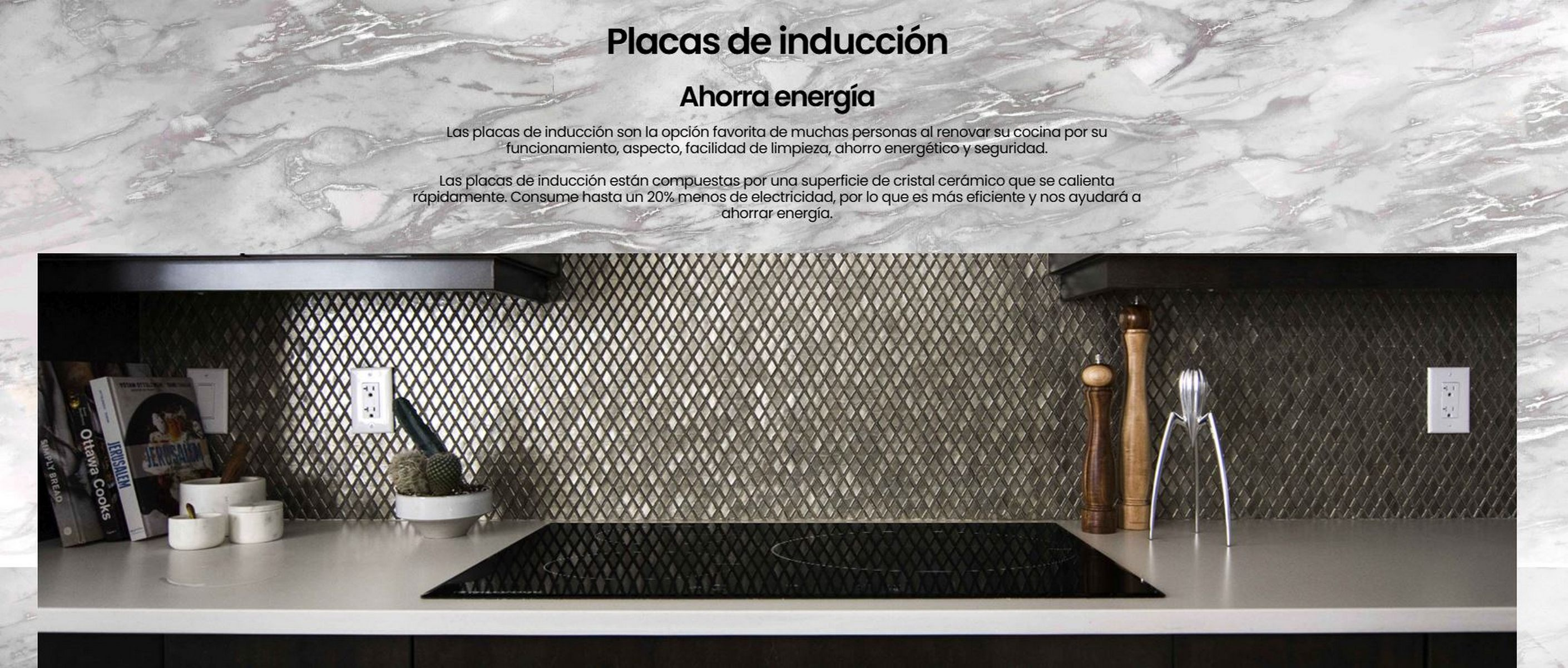 Una encimera de cocina con una placa de inducción negra y texto en español sobre ahorro de energía.