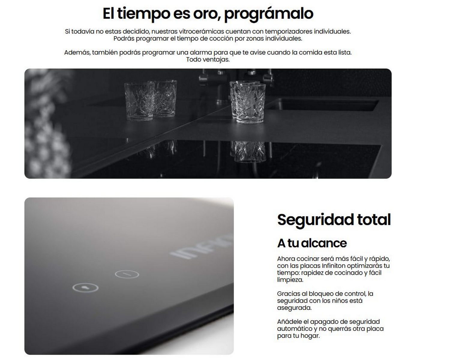 Primer plano de dos vasos y una placa de cocina negra con texto.