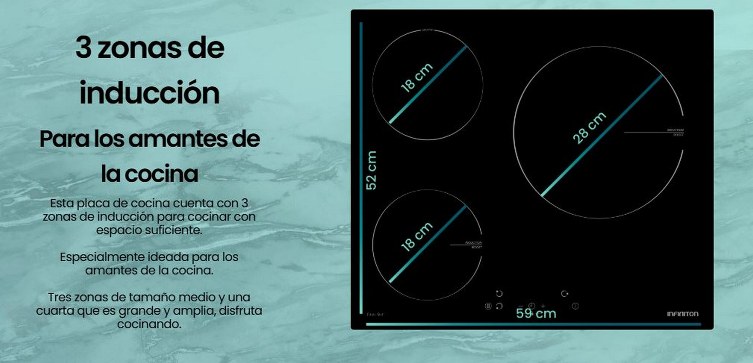 Placa de inducción negra con 3 zonas de cocción y dimensiones. Texto en español.