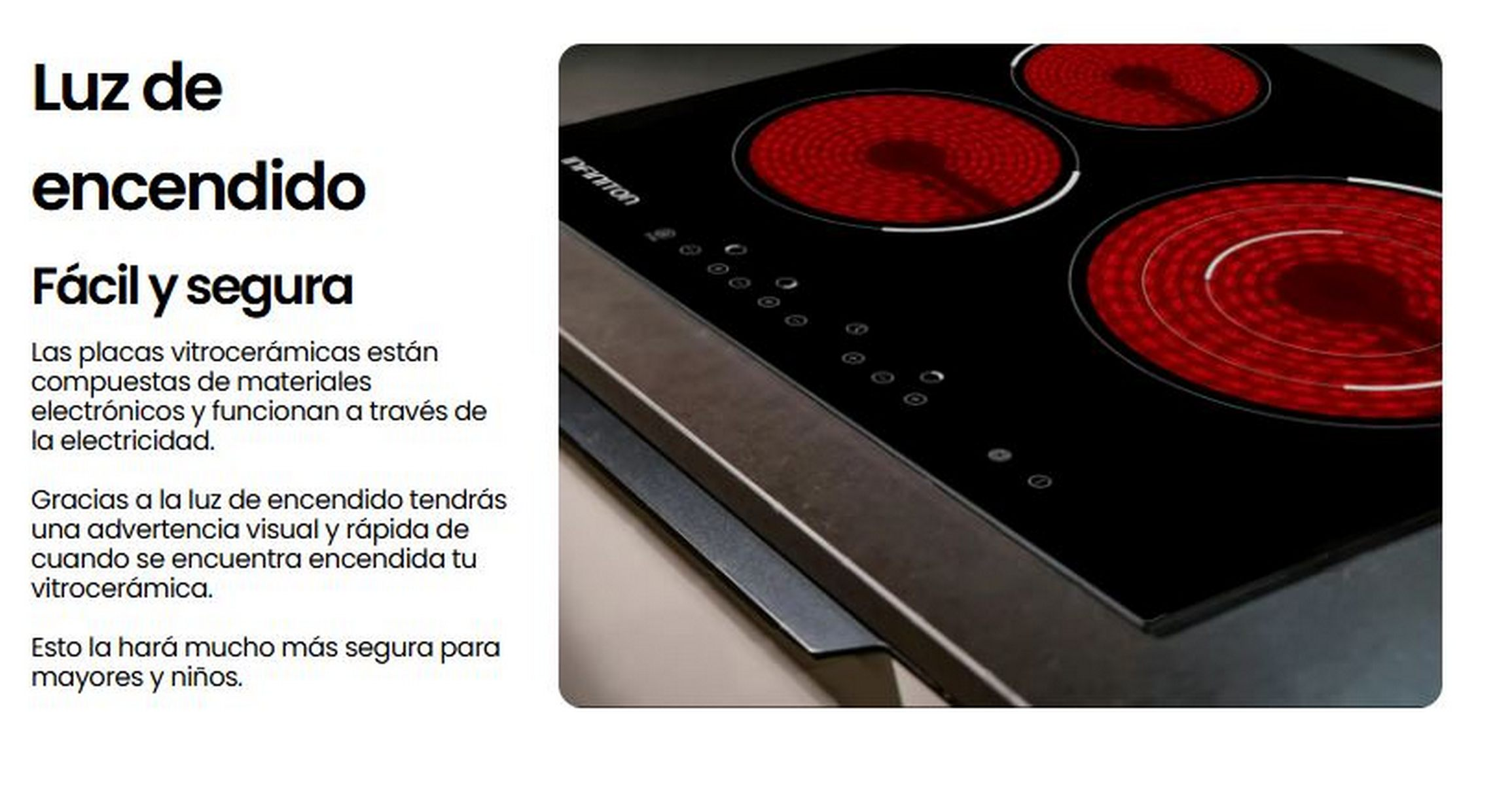 Primer plano de una placa de vitrocerámica negra con elementos calefactores rojos y texto en español.