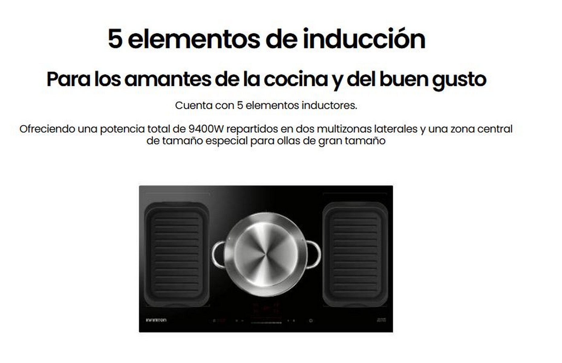 Placa de inducción con dos planchas, una olla y texto sobre características.