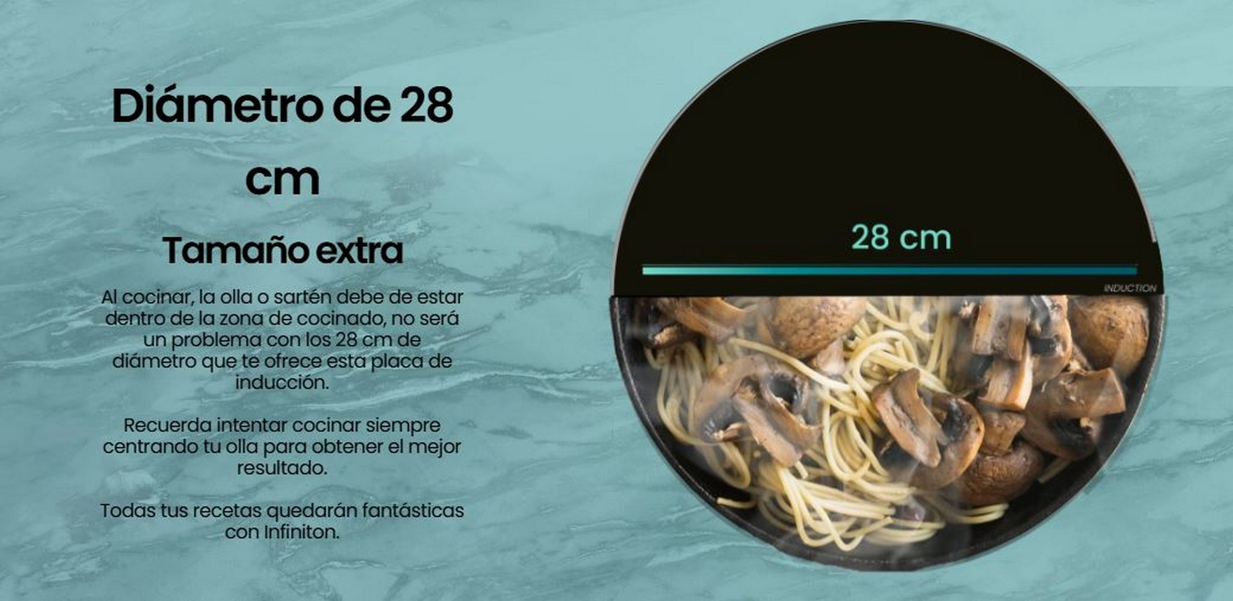 Sartén con comida dentro, texto en español sobre tamaño, extra y cocina.