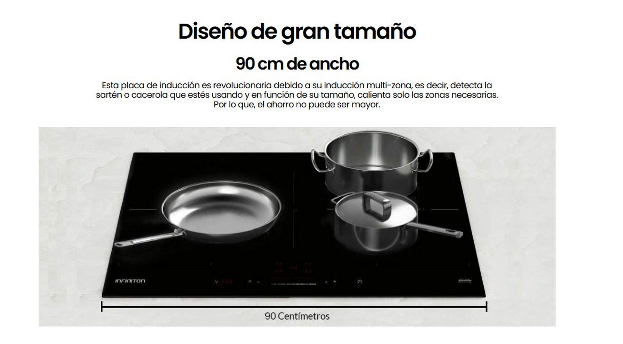 Placa de inducción negra con tres ollas de acero inoxidable. El texto en español dice '90 cm de ancho'.