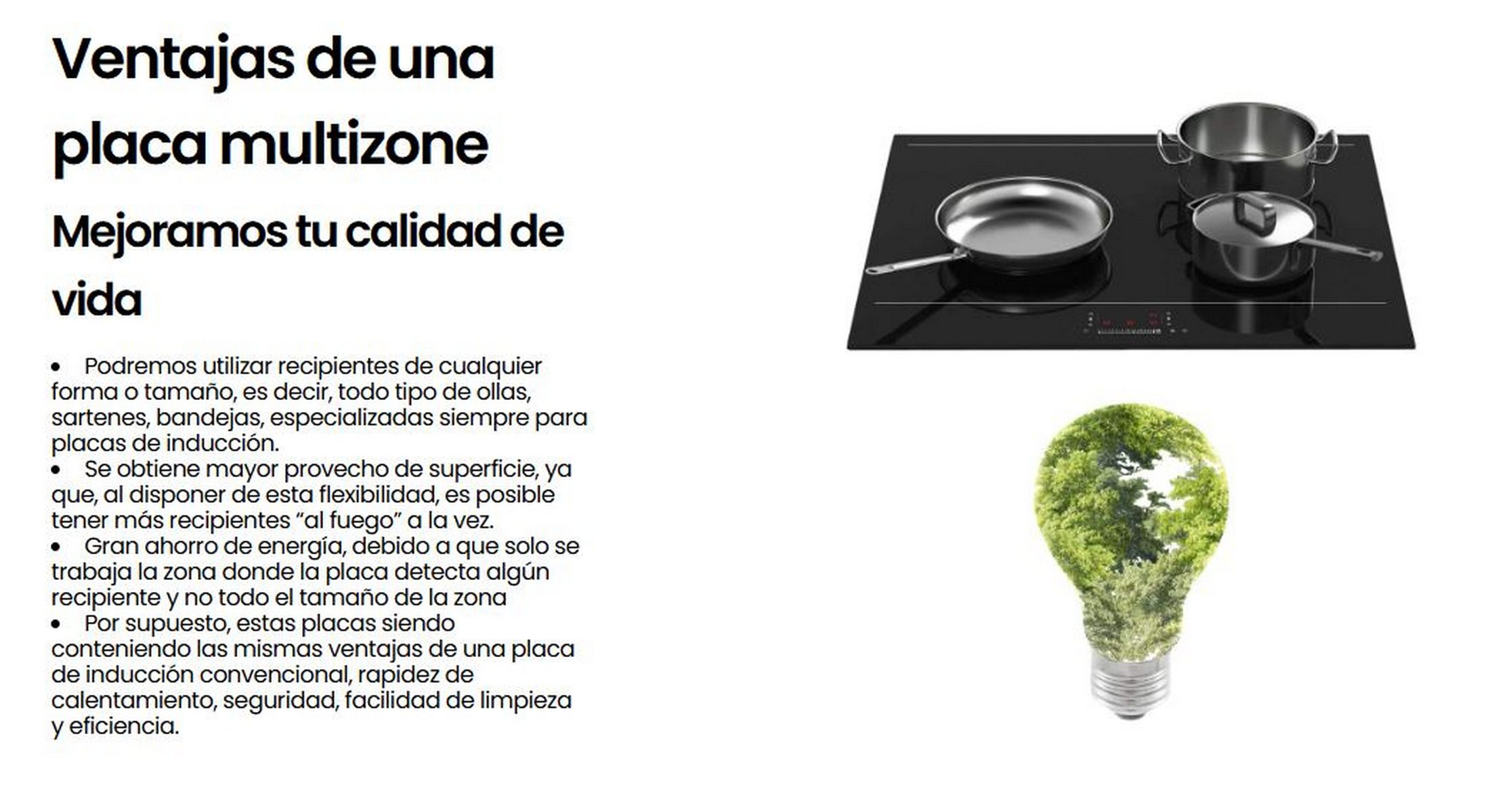 Gráfico con texto sobre placa multizona, ollas, sartenes y una bombilla con árboles.