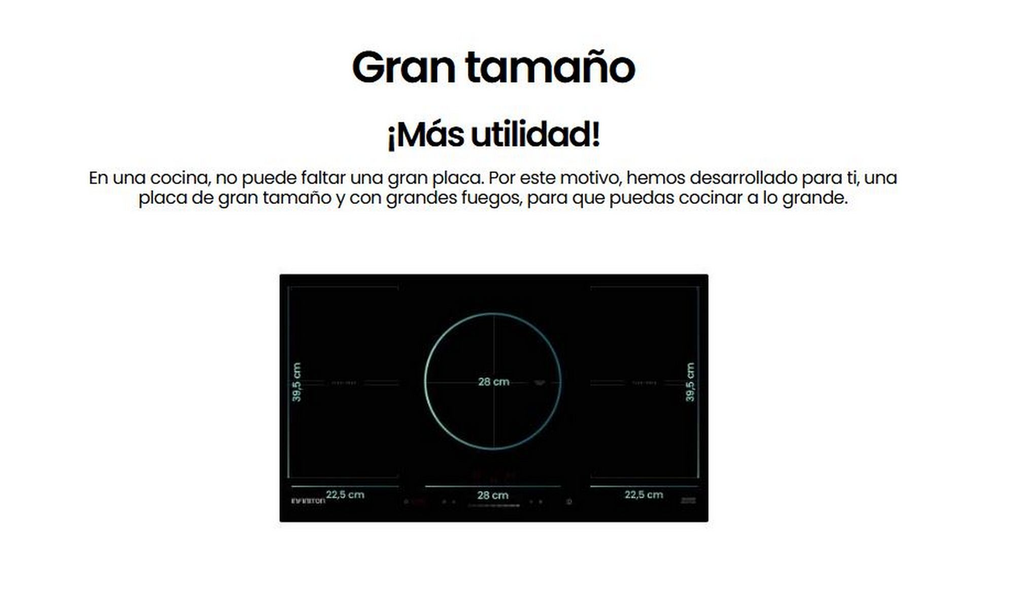 Placa negra con un quemador central grande y dimensiones, rodeada de texto.