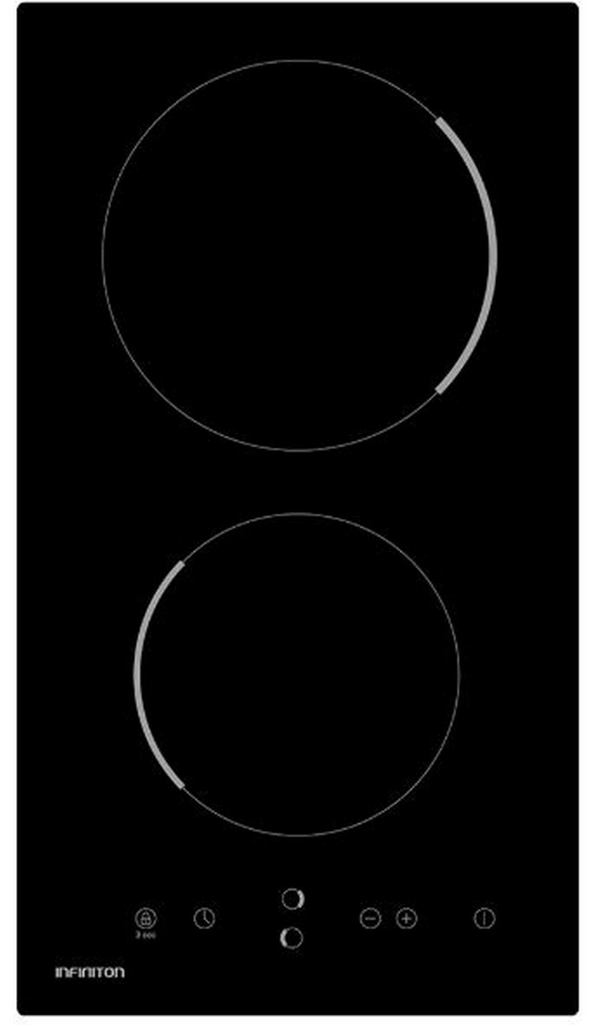 Placa de inducción negra con dos zonas de cocción circulares. Anillos blancos indican las zonas de calentamiento. Fondo negro.