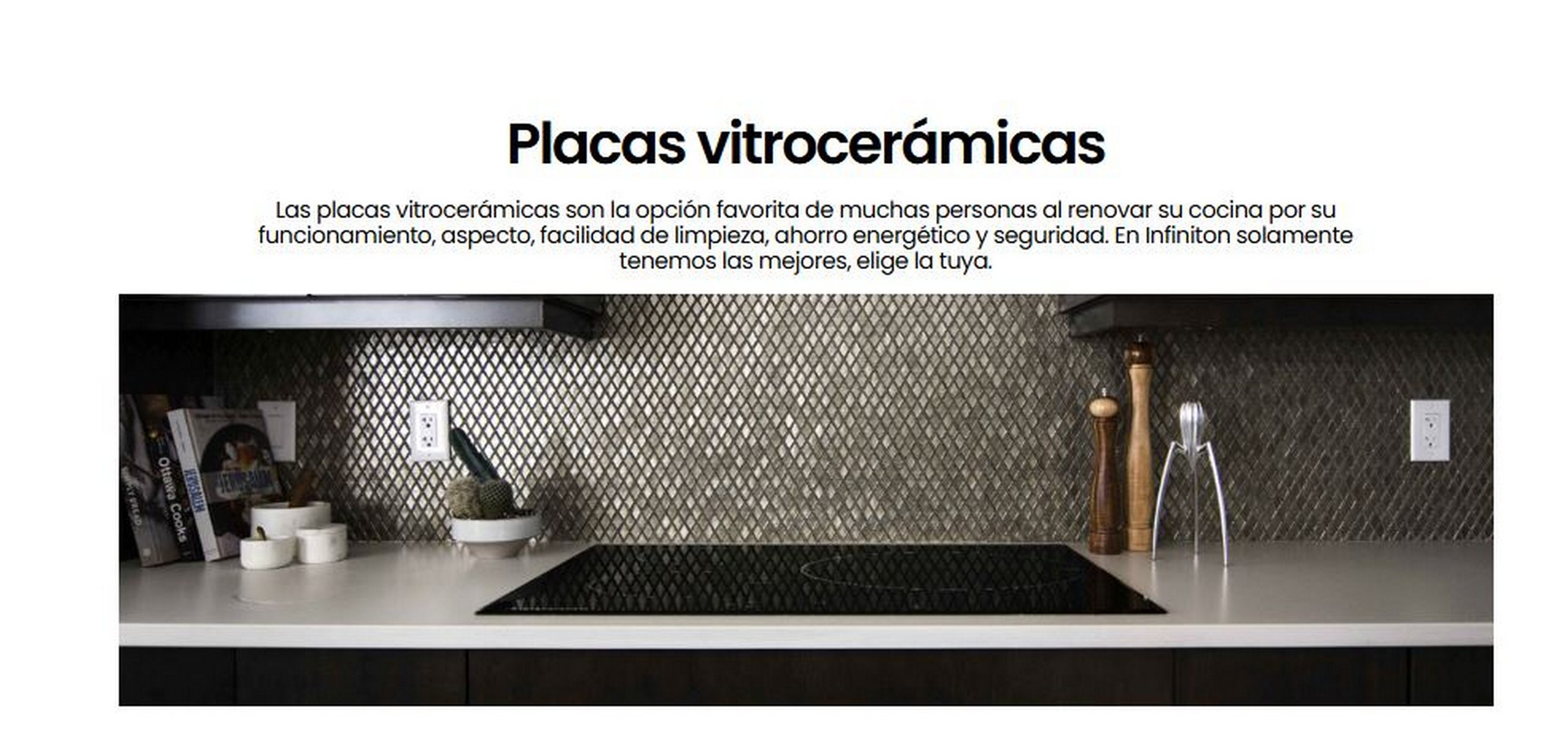 Encimera de cocina con vitrocerámica. Texto: Placas vitrocerámicas. Escena en blanco y negro.