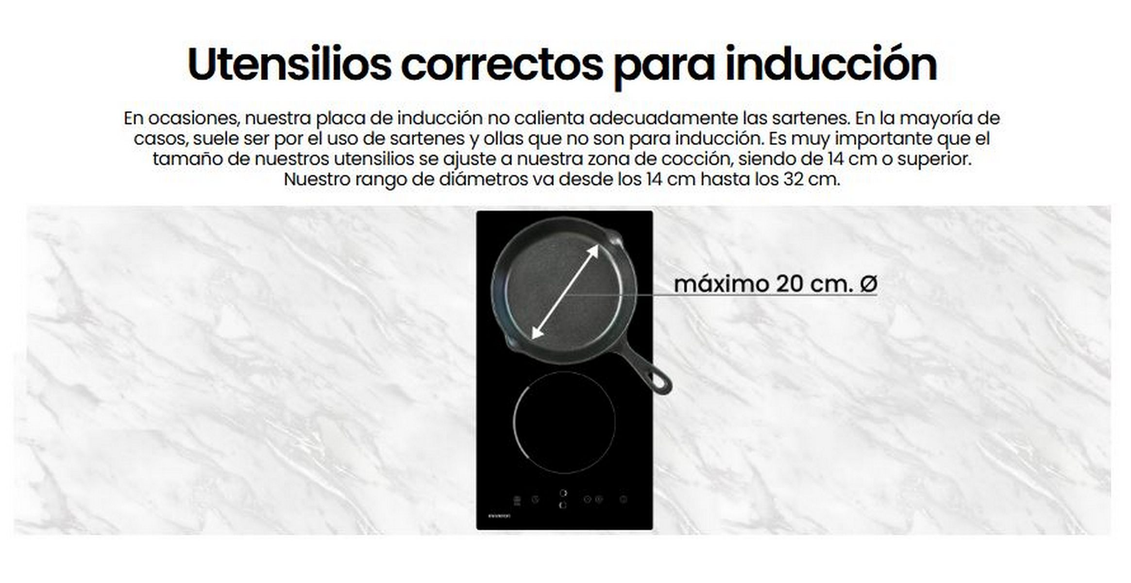 Placa de inducción negra con sartén en el círculo izquierdo. Fondo de mármol blanco con texto.
