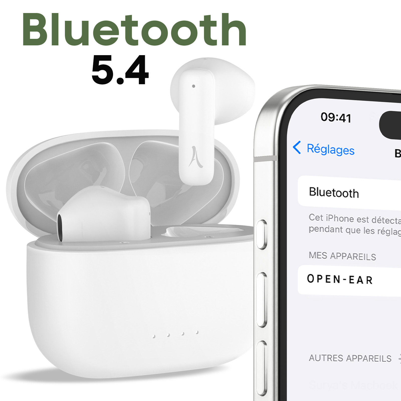Auricolari wireless bianchi con custodia di ricarica e un telefono che mostra le impostazioni Bluetooth.