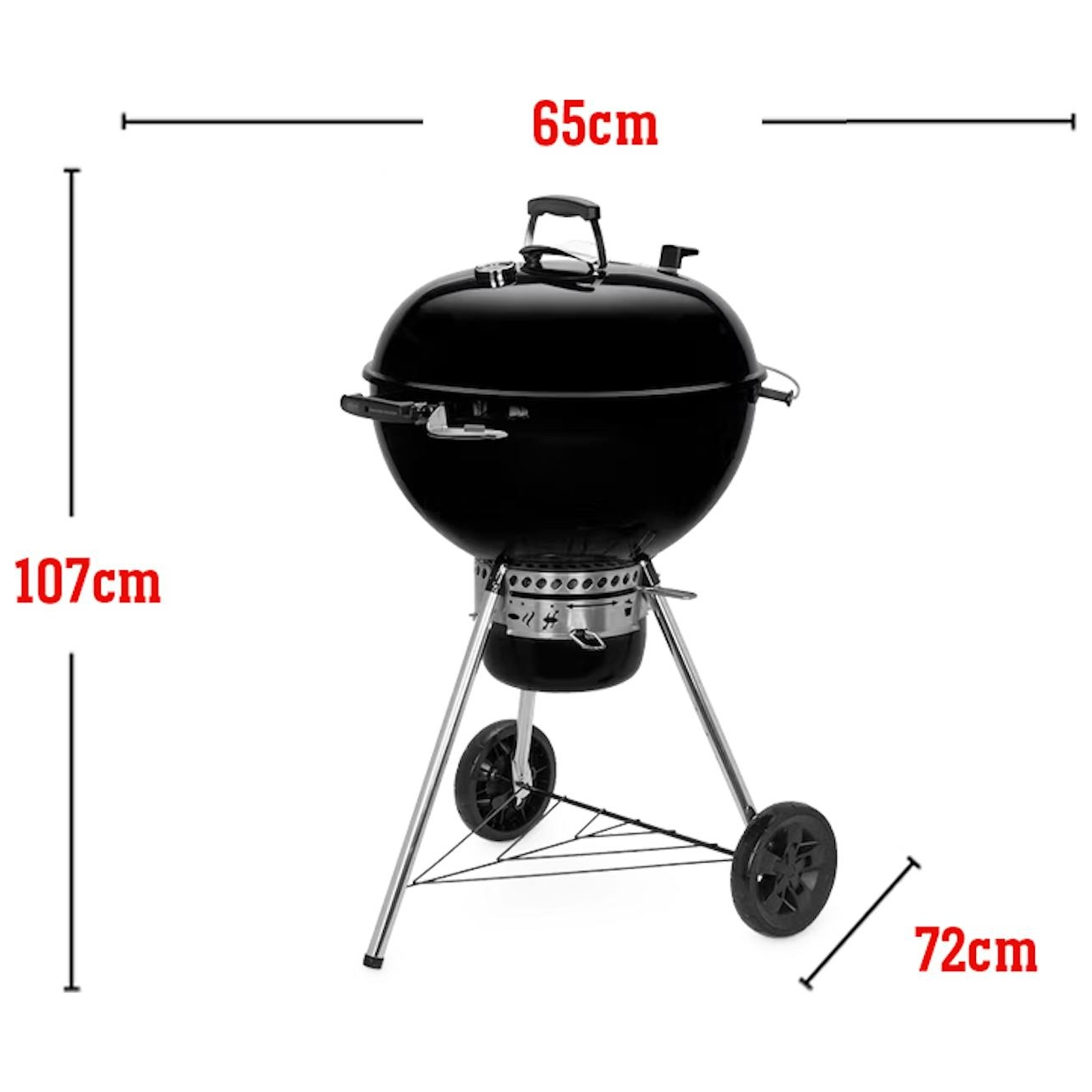 Czarny grill zewnętrzny z wymiarami. Ma pokrywę, koła i chromowane nogi.