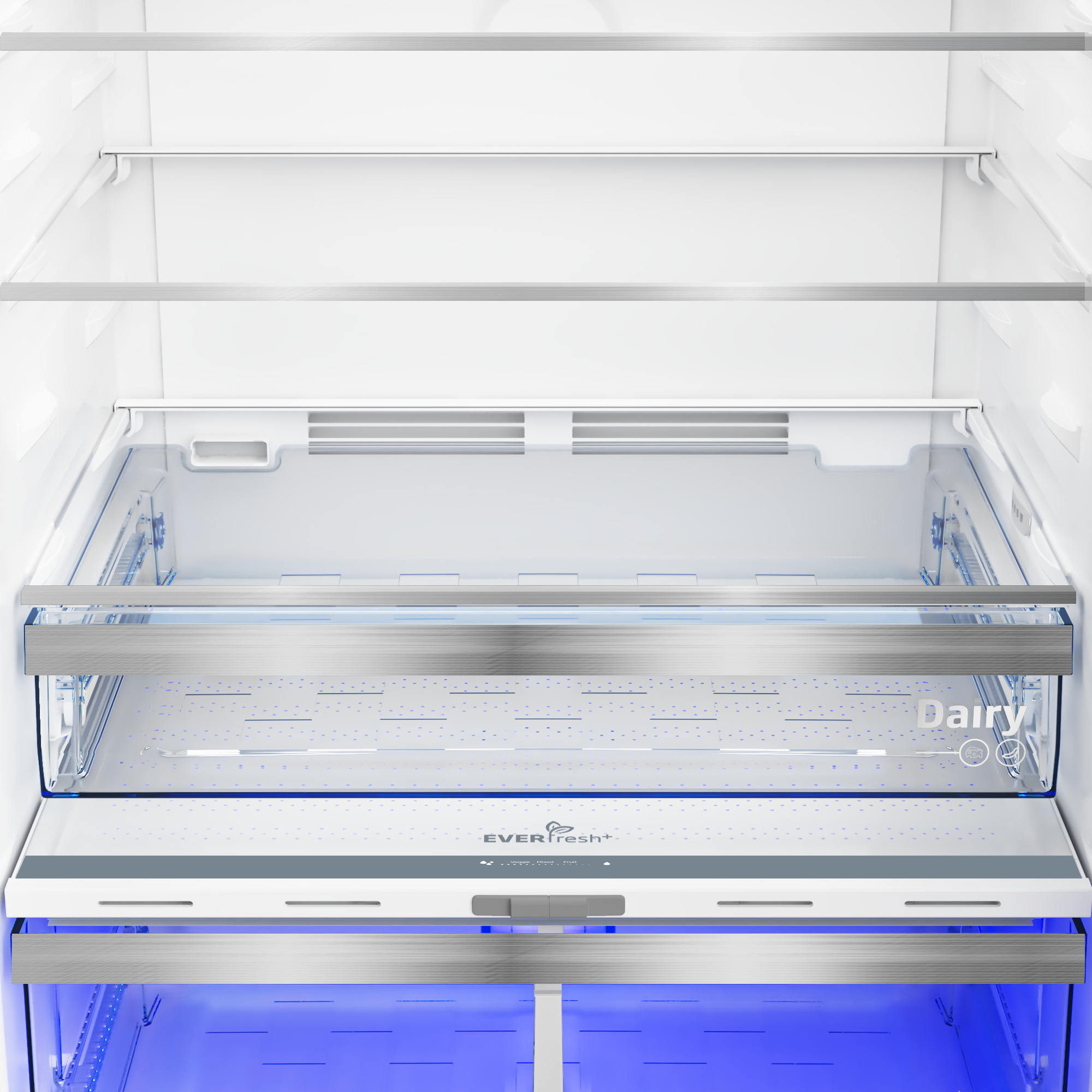 All'interno di un frigorifero. Cassetti trasparenti con luce blu, il cassetto superiore ha la parola Dairy.