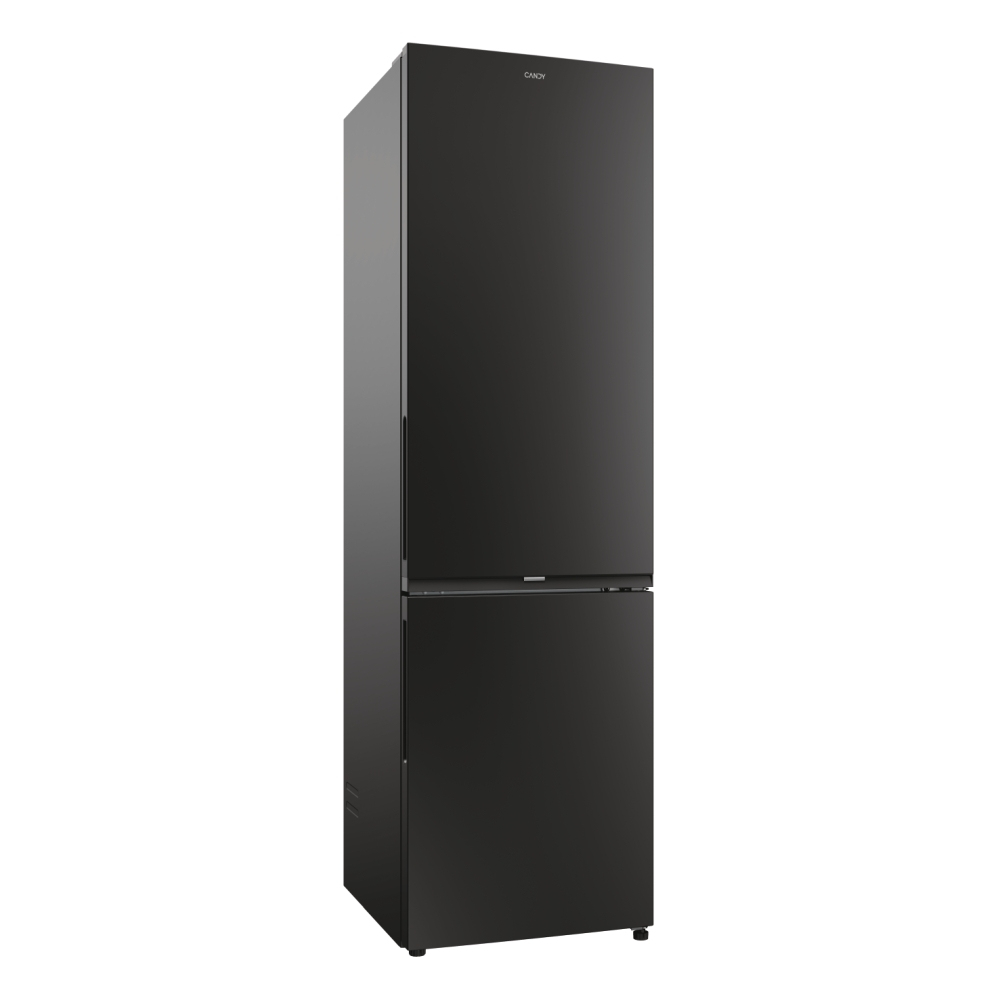 Frigorifero Candy nero. Due porte, design elegante. Sfondo bianco.