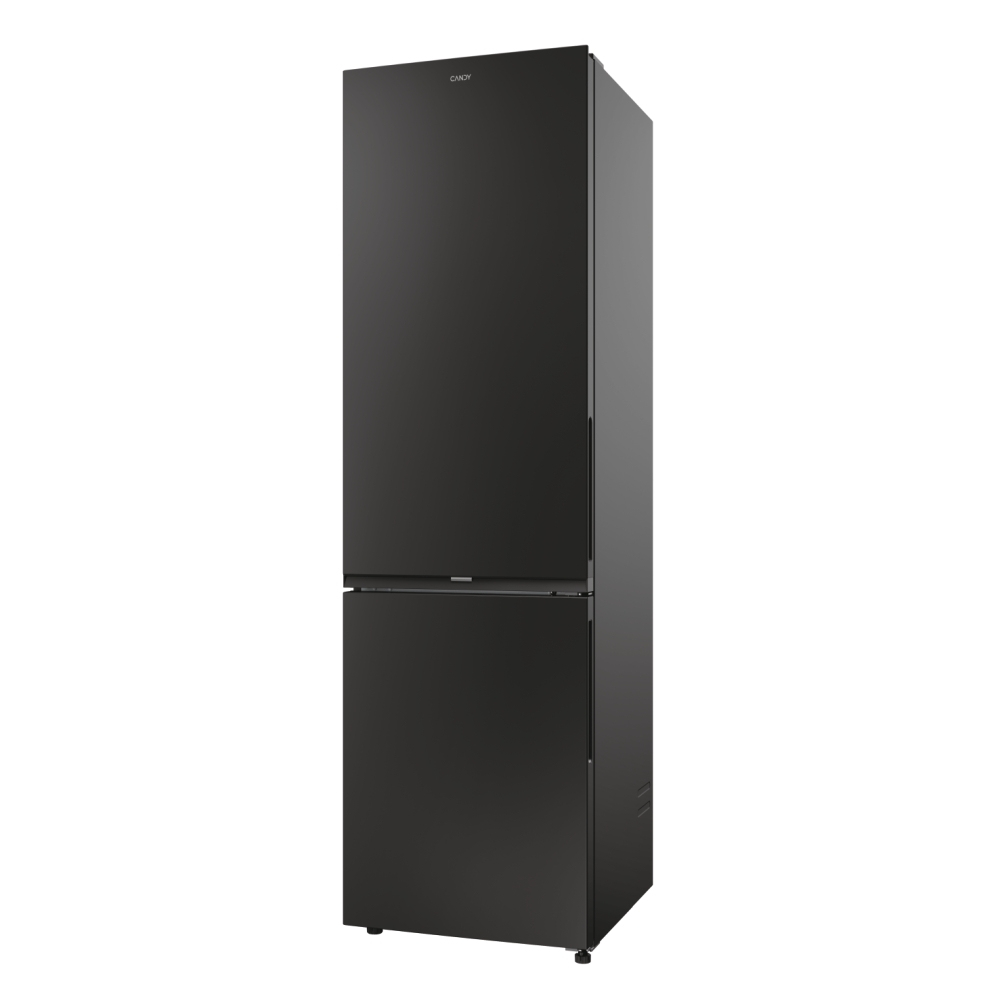 Frigorifero nero. Design a due porte con congelatore in basso. Aspetto moderno ed elegante.