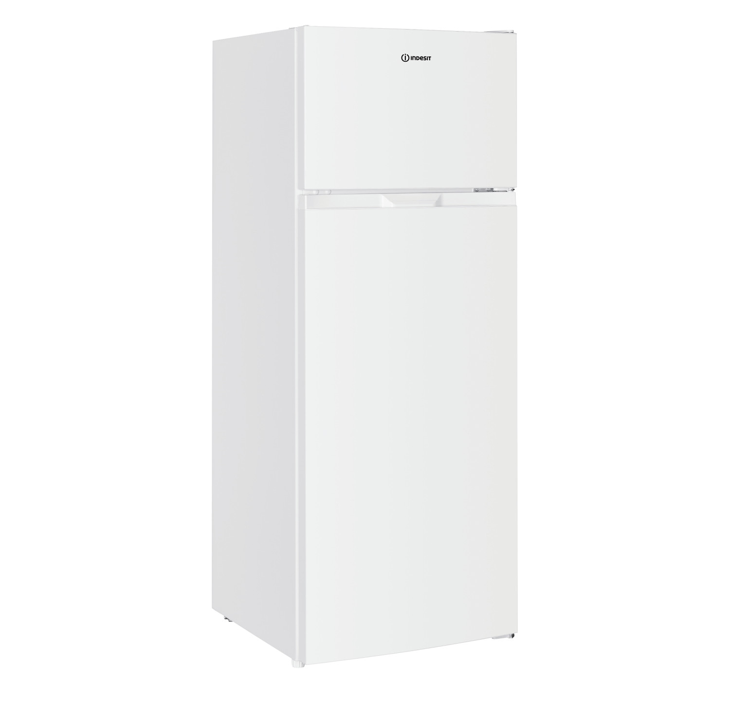 Un frigorifero Indesit bianco si erge su sfondo bianco, con logo Indesit.